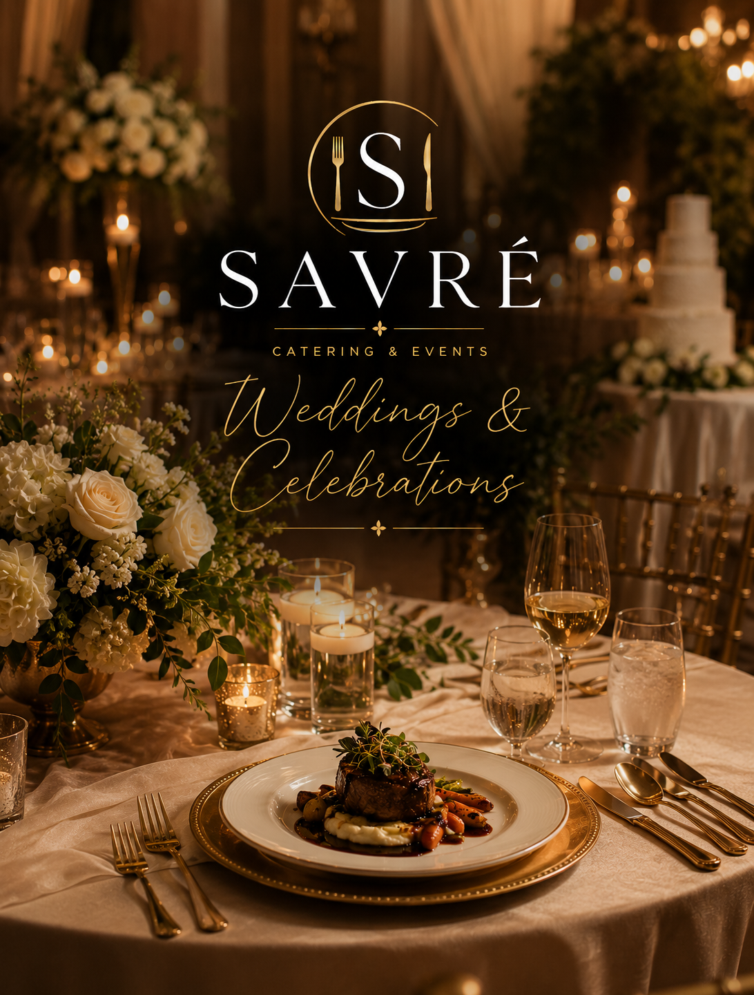 A wedding reception table decorated with candles, floral arrangements, and elegant tableware, featuring a plated meal in the foreground.