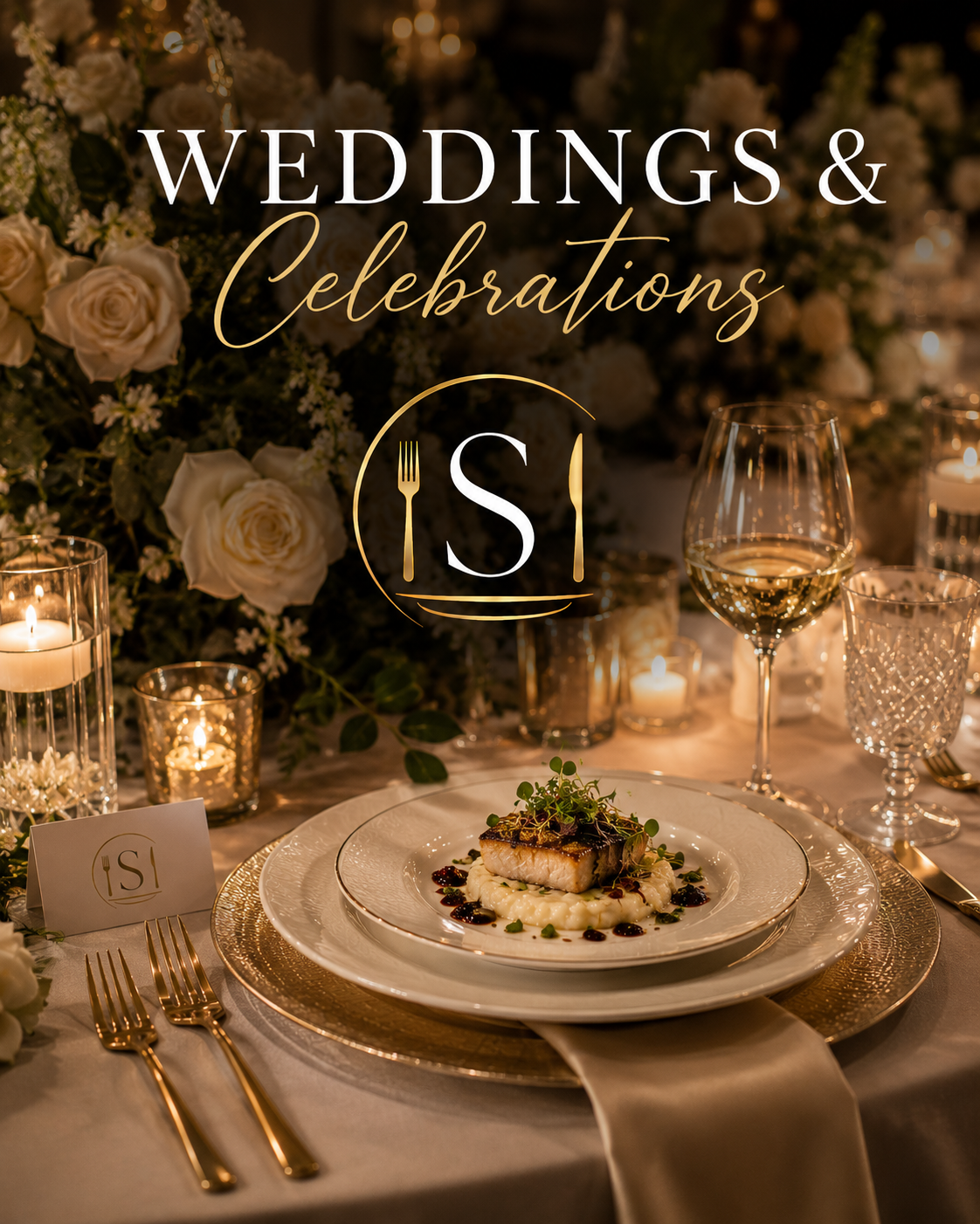Elegant wedding table setting with a plated fish dish, surrounded by glassware, candles, and floral arrangements, under warm lighting.