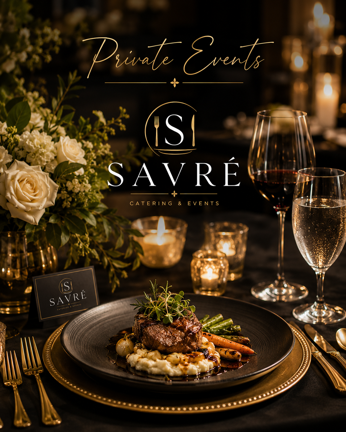 Elegant dinner table setup with a plated steak, vegetables, wine, water, lit candles, white roses and greenery, with a sign reading 'Private Events at Savré Catering & Events.'
