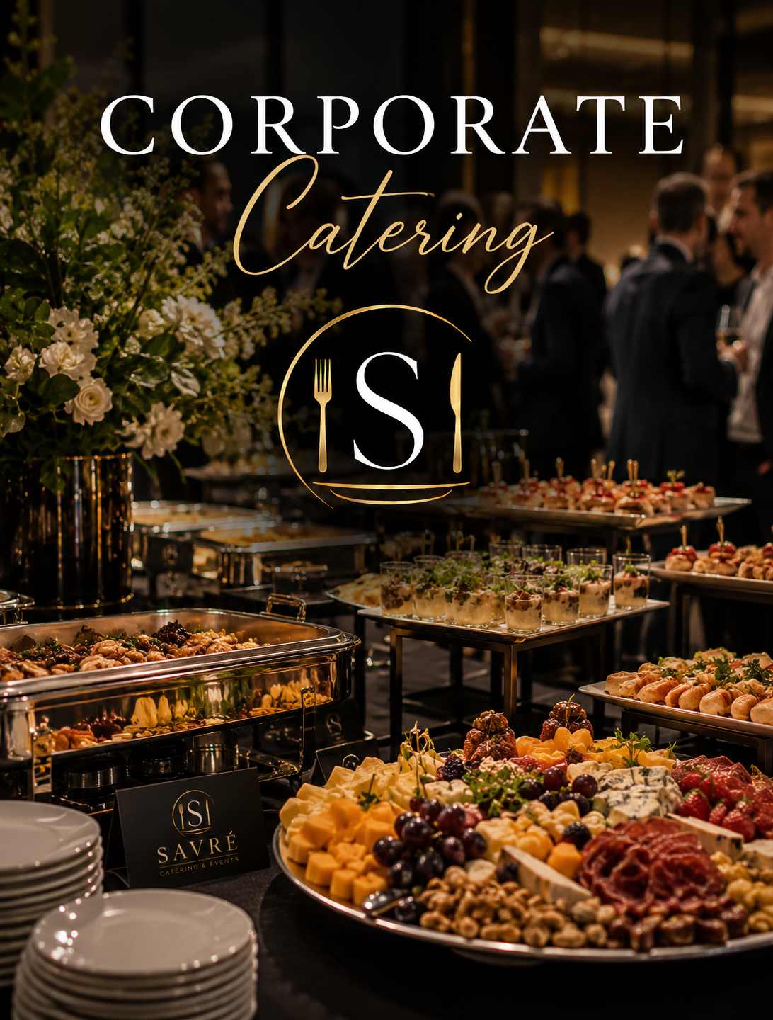 Buffet table with assorted cheeses, fruits, and appetizers at a corporate catering event with people socializing in the background.