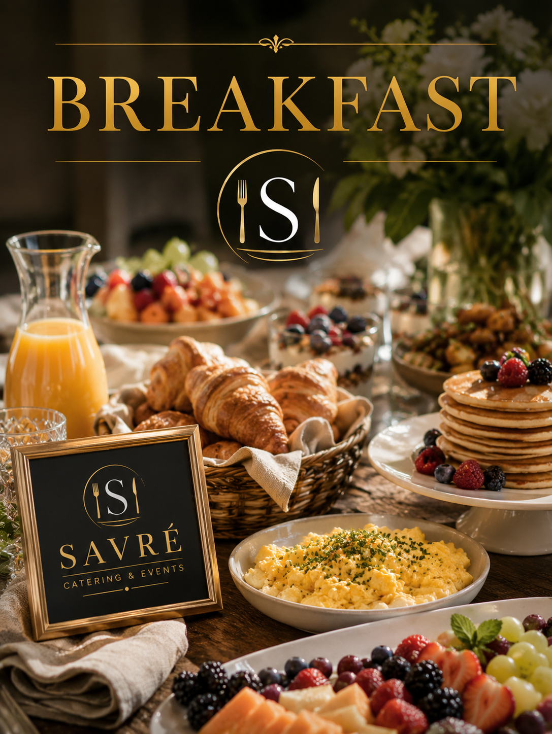 A breakfast buffet with croissants, pancakes topped with berries, scrambled eggs sprinkled with herbs, fruit salad, orange juice, and a bouquet of flowers. A small black sign reads 'SAVRÉ Catering & Events'.
