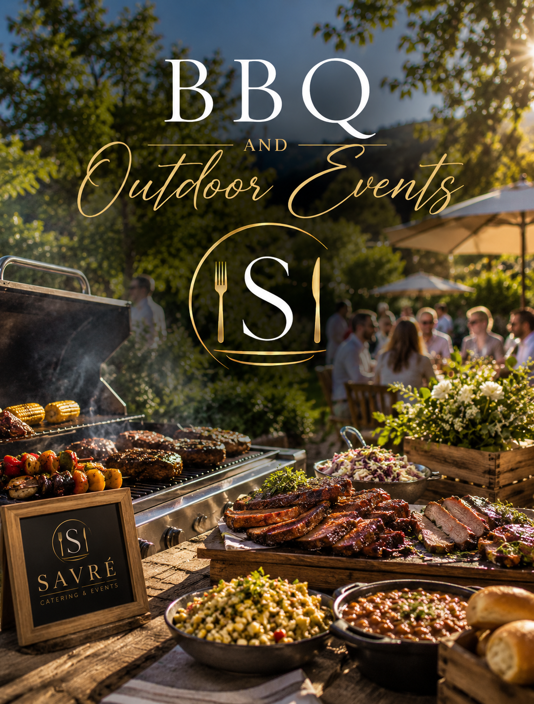 Outdoor barbecue and catering setup with grilled meats, corn on the cob, salads, and people dining under umbrellas in a scenic garden setting during the evening, with sunlight filtering through trees.