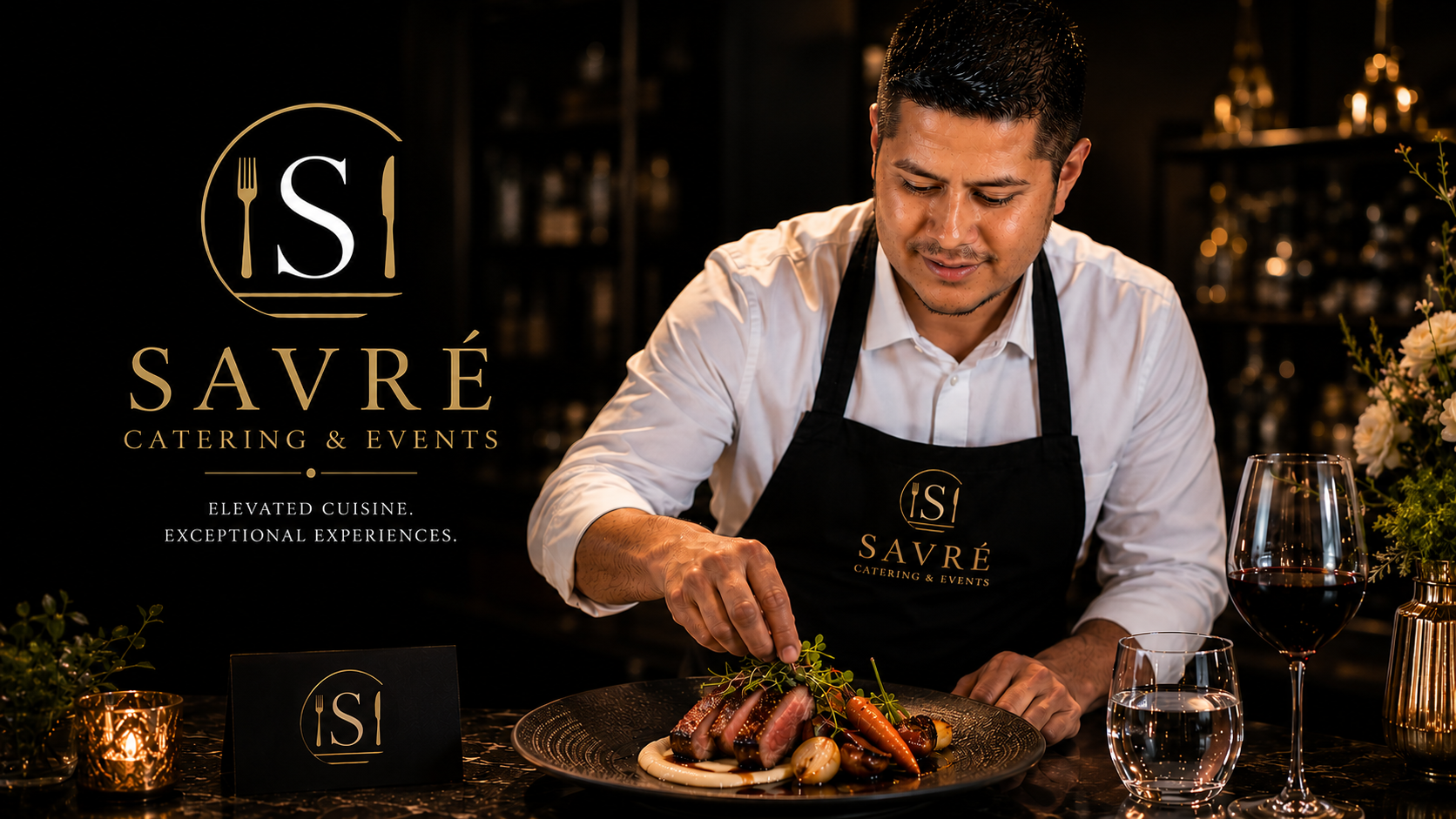 A chef in a white shirt and black apron preparing a plated dish with vegetables and meat in a dimly lit upscale restaurant. The background includes wine glasses, a floral arrangement, and the logo of Savré Catering & Events.