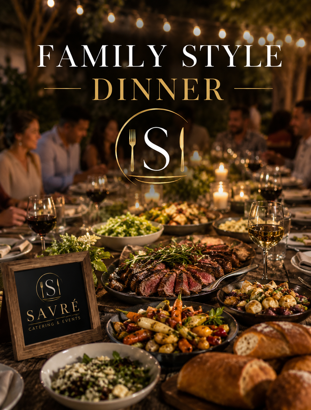 A family dinner party outdoors with a table filled with salads, bread, and a large cooked meat. People are sitting around the table, with string lights overhead creating a warm ambiance.