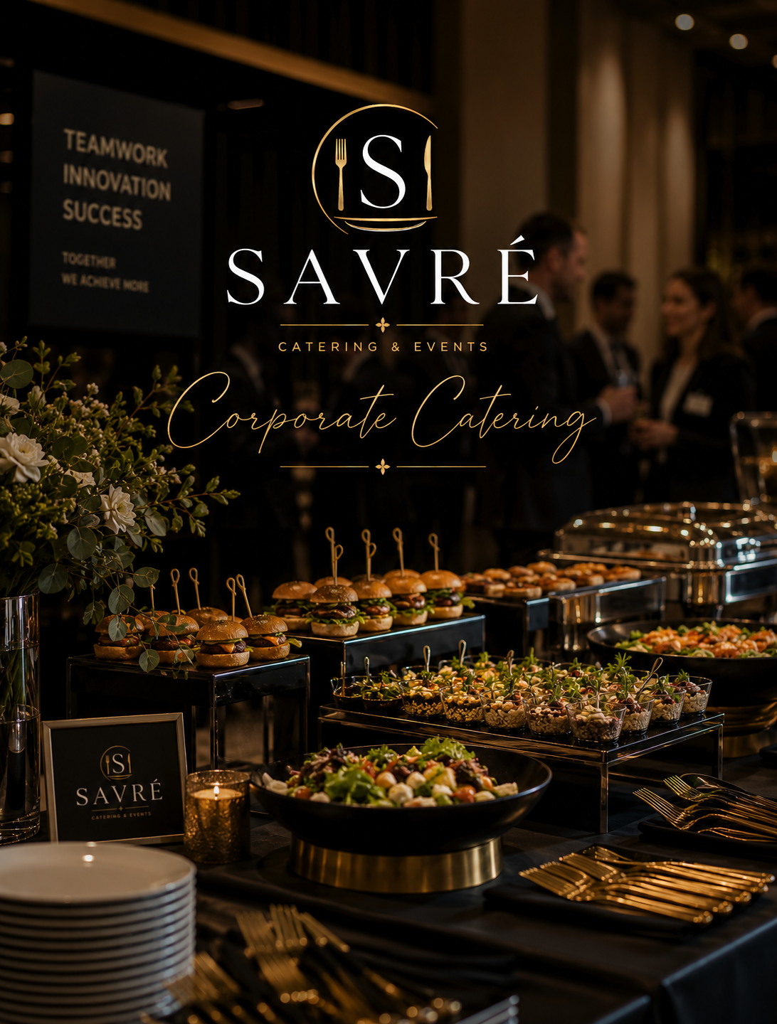 A catering buffet at an event with appetizers, salads, and small sandwiches, with a sign for Savré catering and a backdrop featuring people in business attire.