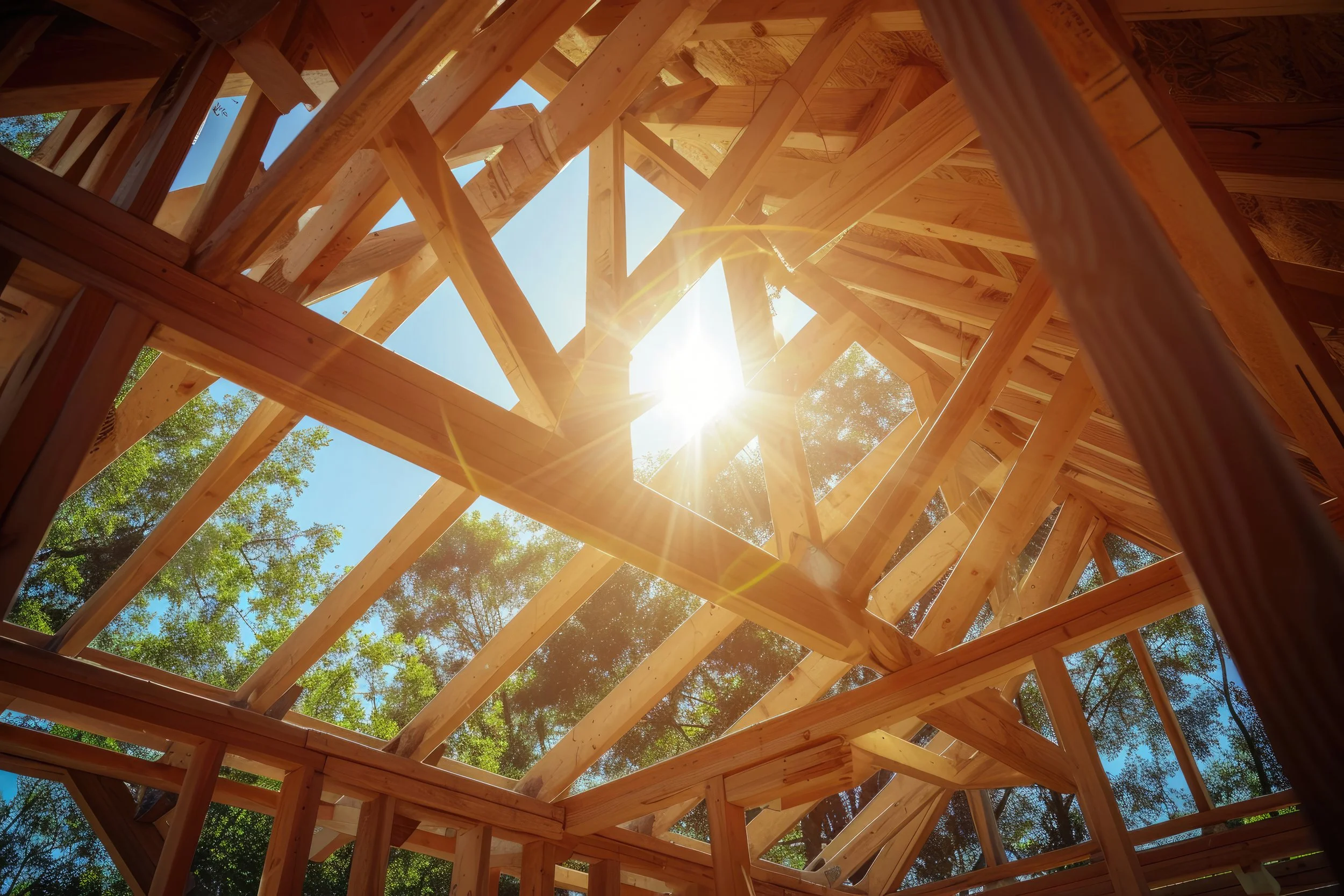 Photo of a wooden house frame under construction, looking up at the sky through the open roof, with sunlight shining.