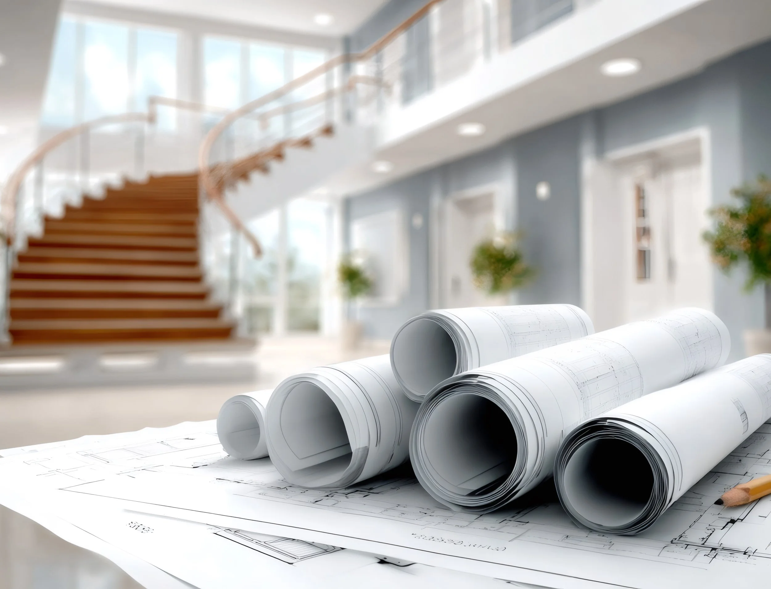 Blueprints and architectural plans on a desk with rolled-up blueprints in the foreground, in a well-lit modern interior space.
