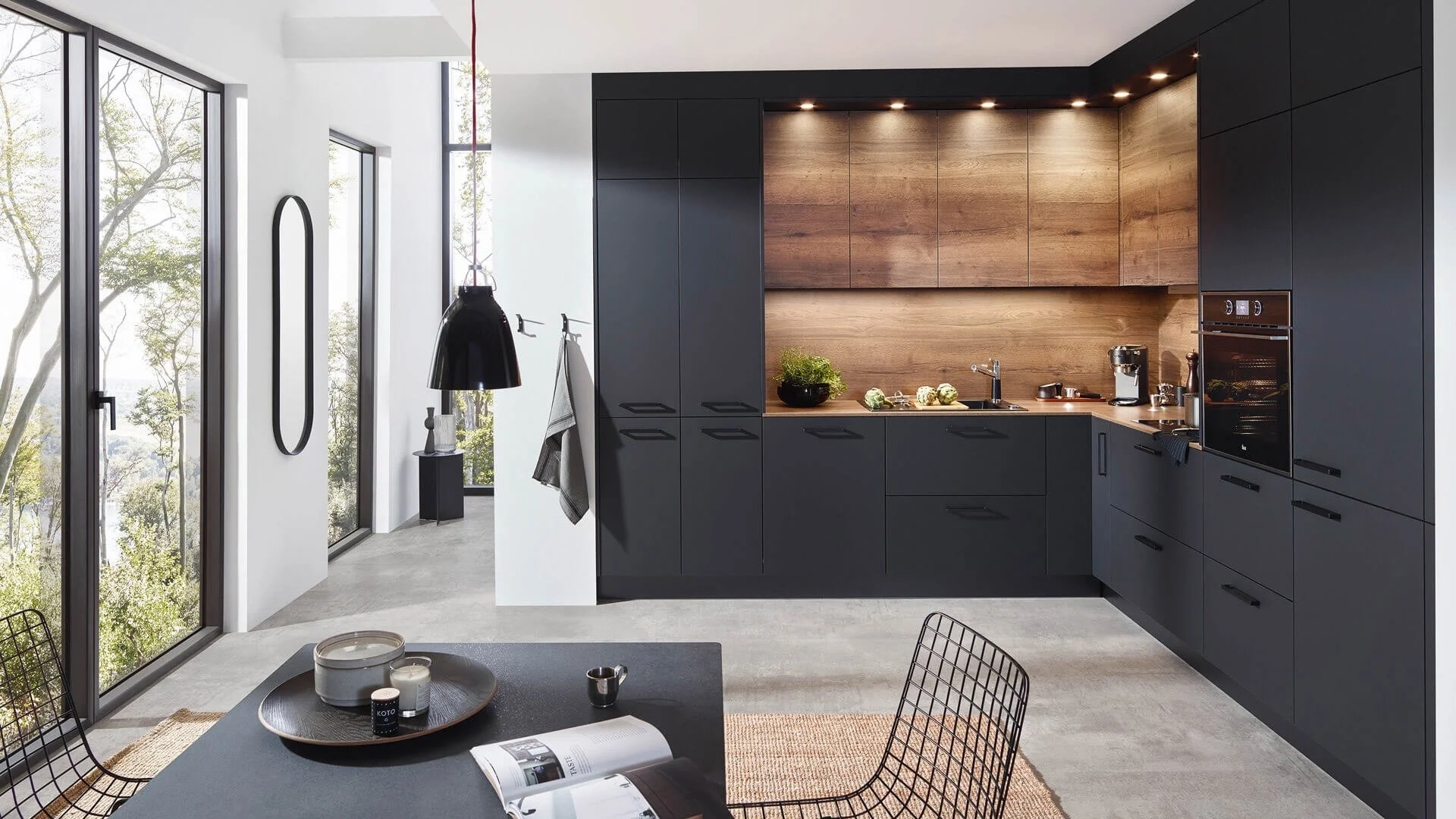 Lara / Lana by Sachsenküchen premium luxury bespoke German kitchens. Dark anthracite kitchens. Oak, wood veneer kitchens. Sustainable kitchens.