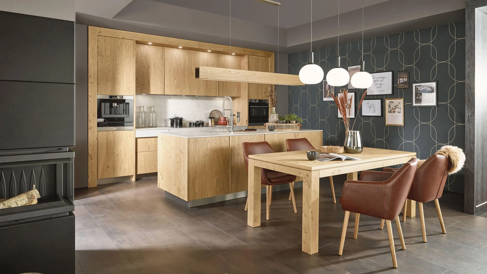 Fabia / Shila by Sachsenküchen premium luxury German bespoke kitchens. Rustic Oak wood Veneer kitchens. Sustainable kitchens