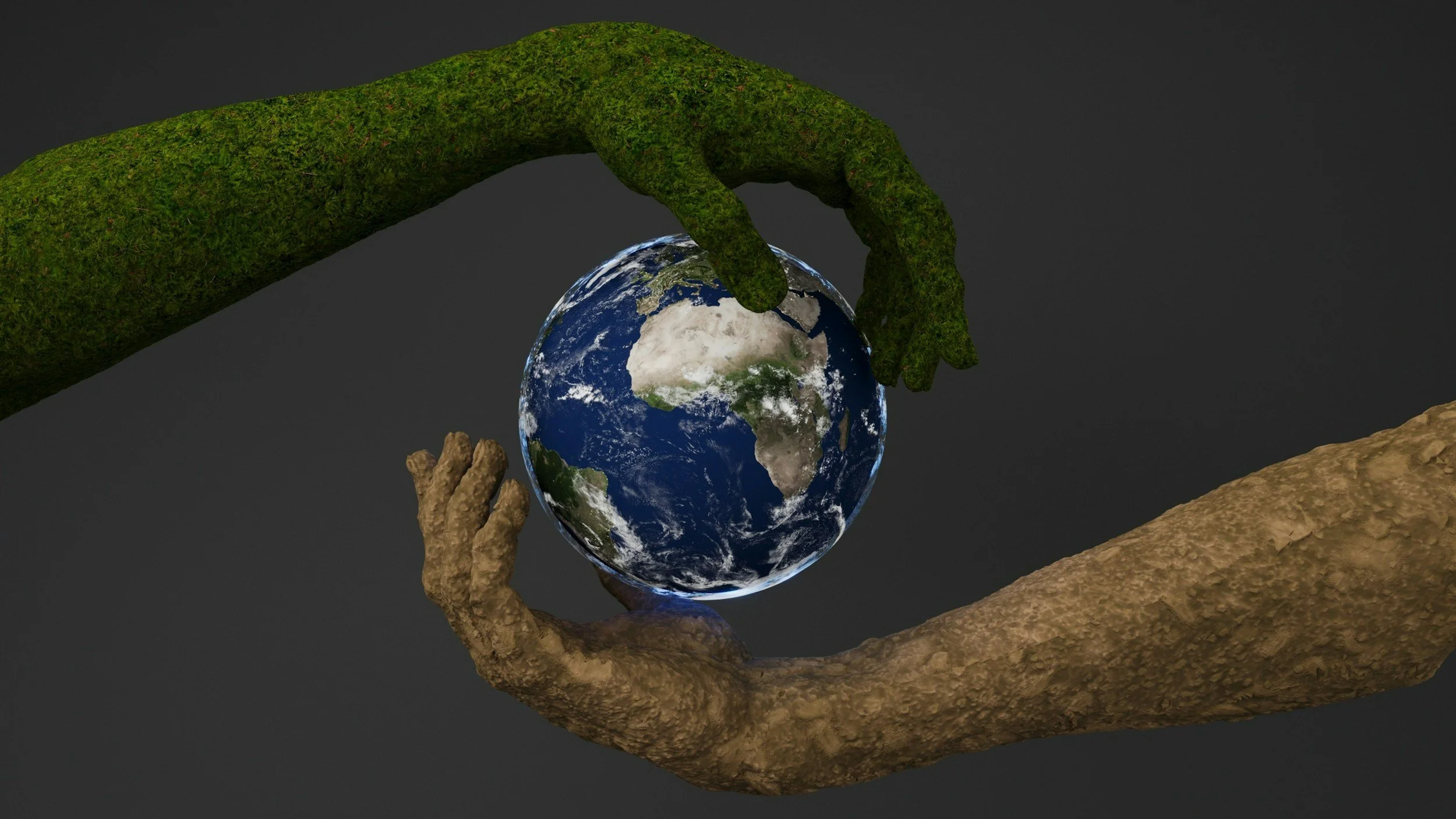 A digitally created image depicting three textured hands, representing different skin tones and textures, holding a globe of Earth. A large moss-covered hand reaches from above, while two smaller hands from below support the globe, symbolizing environmental care and global unity.
