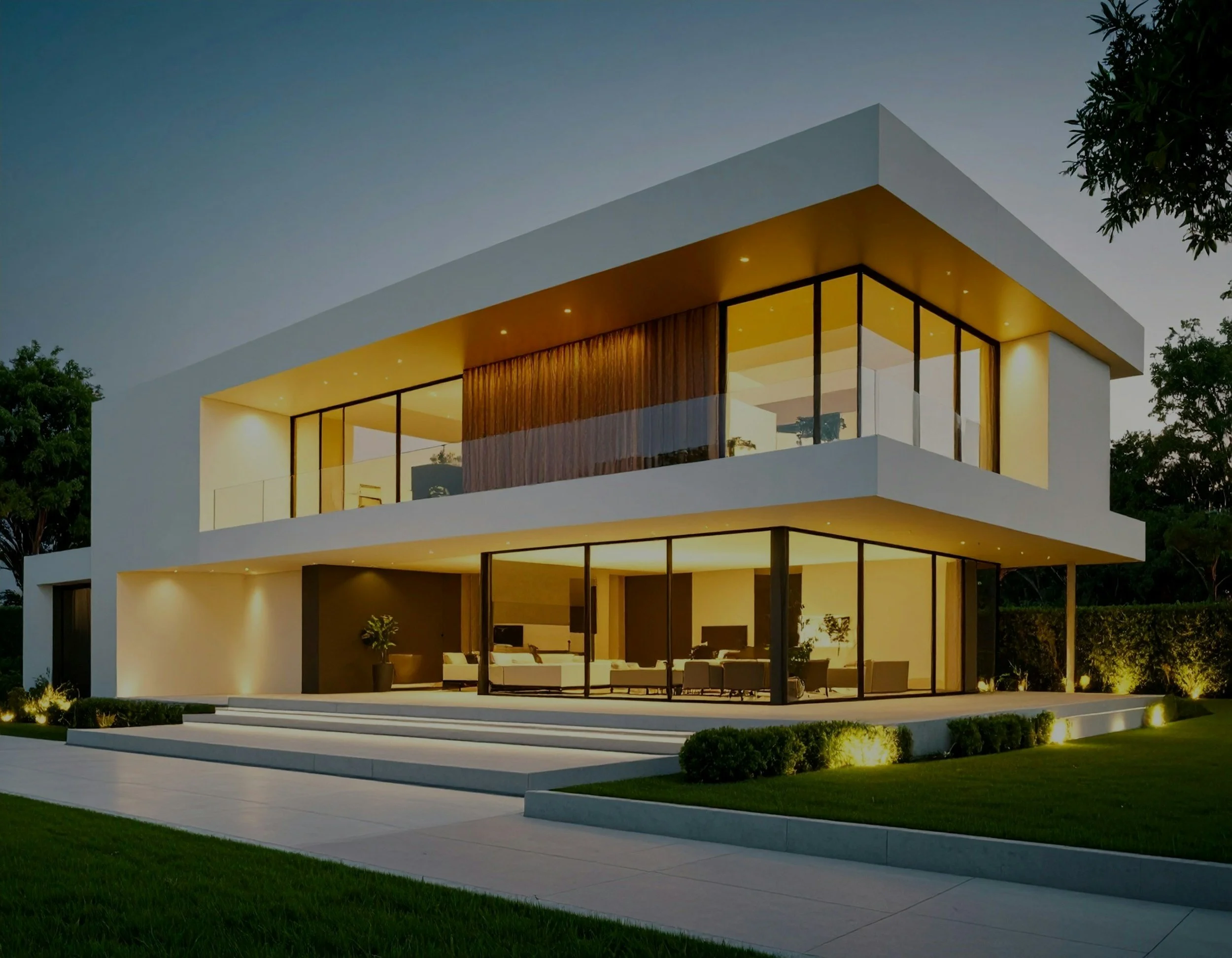 Modern multi-story house with large glass windows, illuminated from inside, surrounded by a well-manicured lawn and trees, during dusk or evening. Hoffhause design. Sachsenküchen premium kitchens. bespoke German Kitchens.