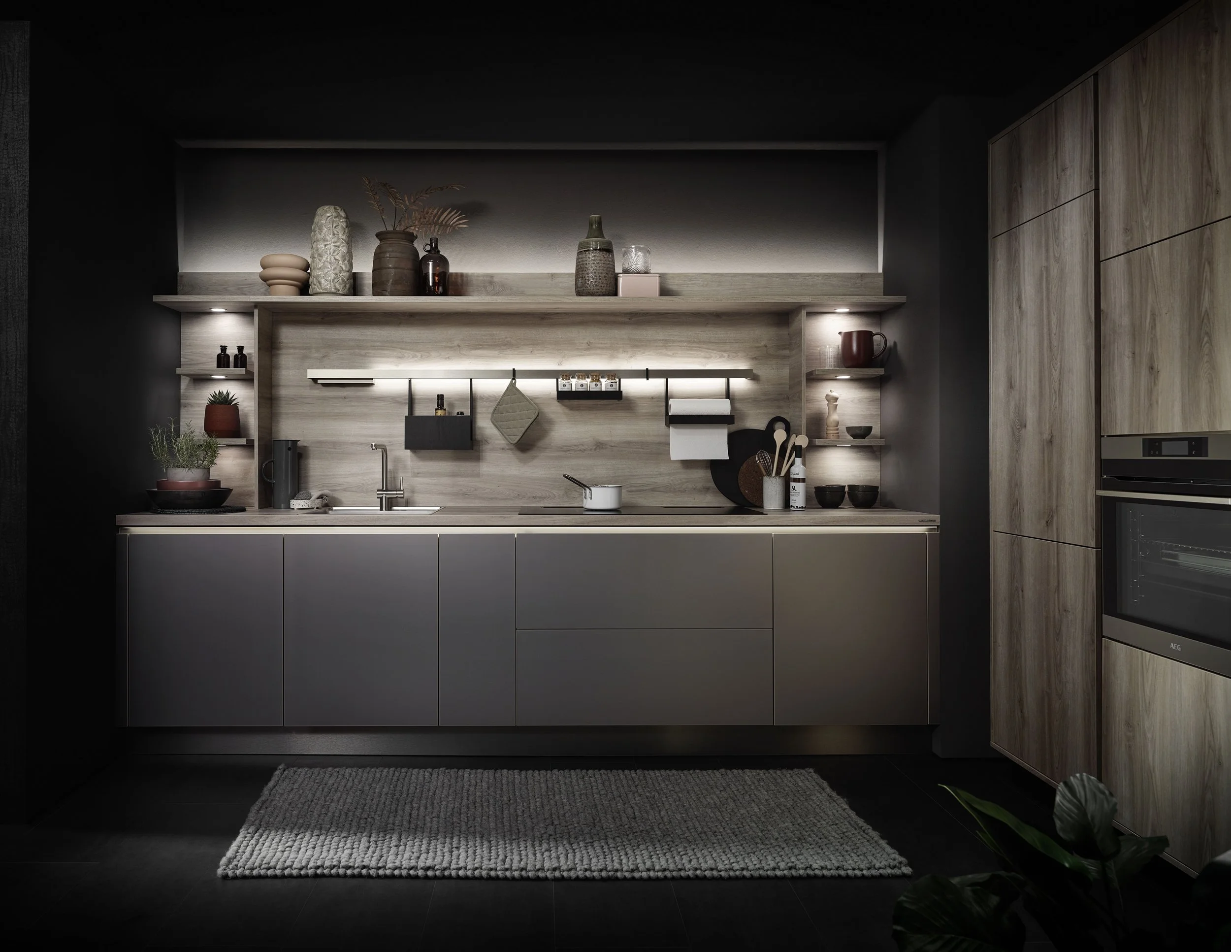 Edda / Adina by Sachsenküchen premium luxury bespoke German kitchens. Glass look kitchens. Dark woods oak veneer kitchens
