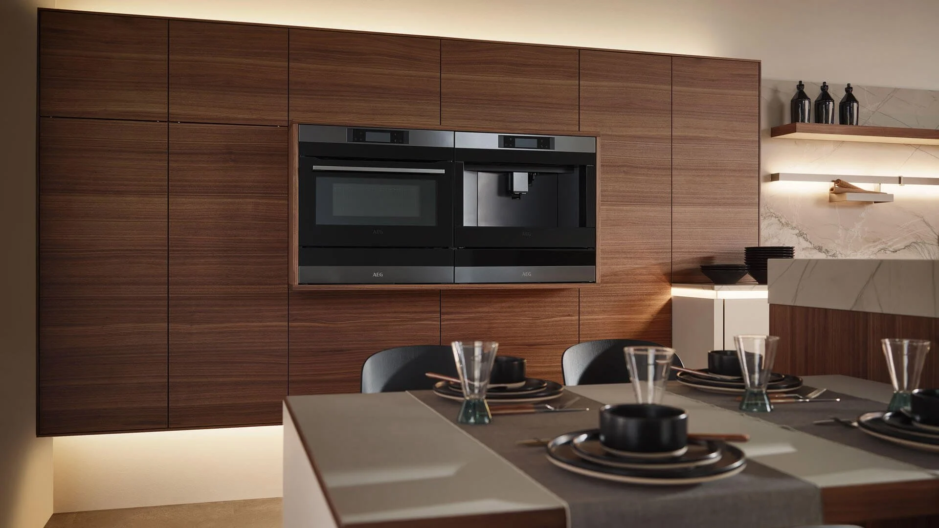Leona linoleum / Fabiola wood veneer by Sachsenküchen premium luxury German kitchens