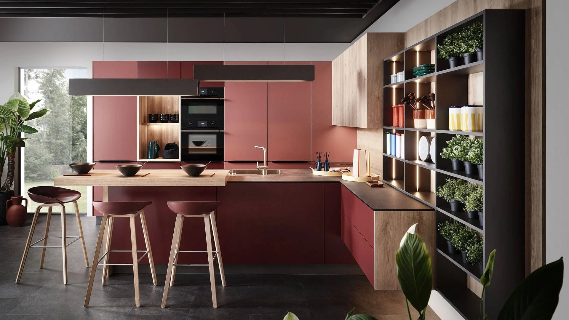 Selam / Lana by Sachsenküchen premium luxury bespoke German kitchens. Burgundy red kitchens.