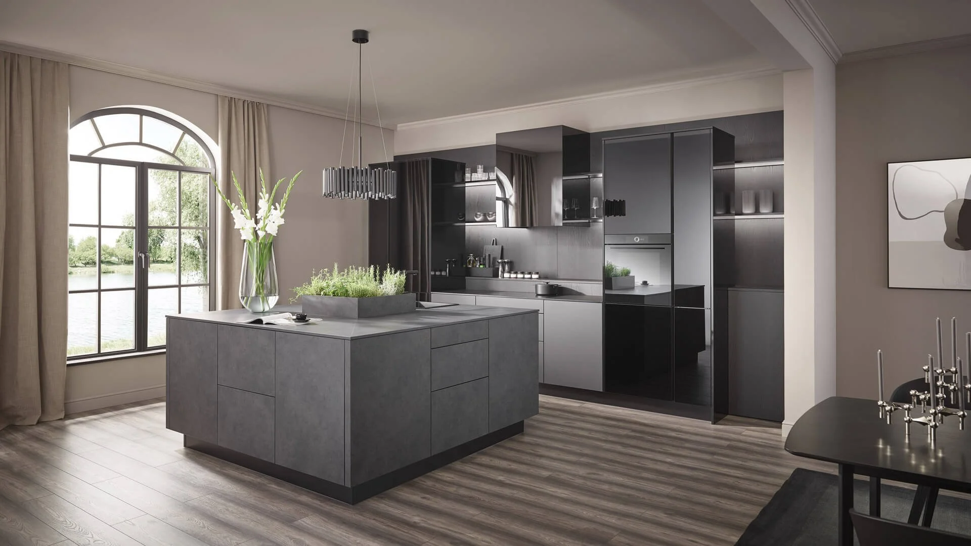 Shila / Alina / Lara by Sachsenküchen premium luxury bespoke German kitchens. Glass effect kitchens. Island kitchens German.