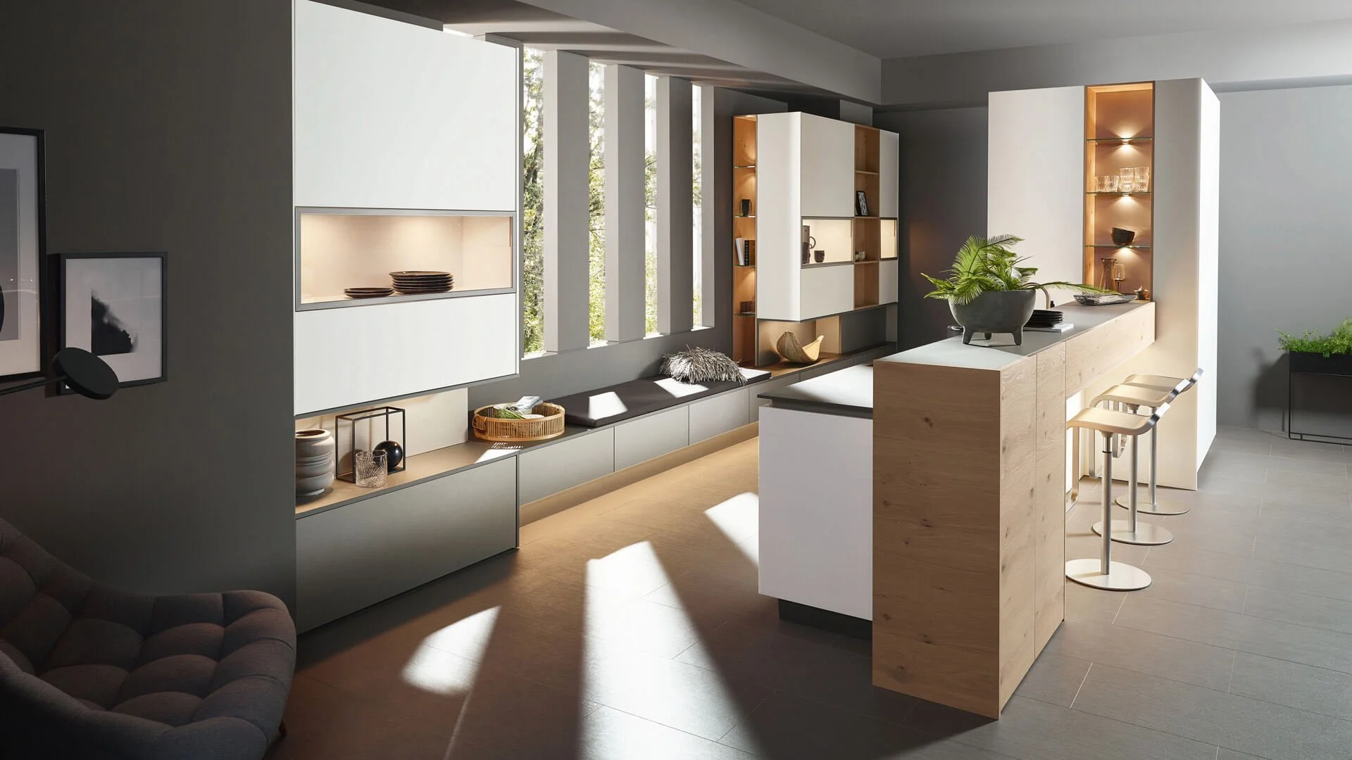 Adina /Fabiola by Sachsenküchen premium luxury bespoke German kitchens. Oak wood veneer kitchens. White kitchens. Island kitchens