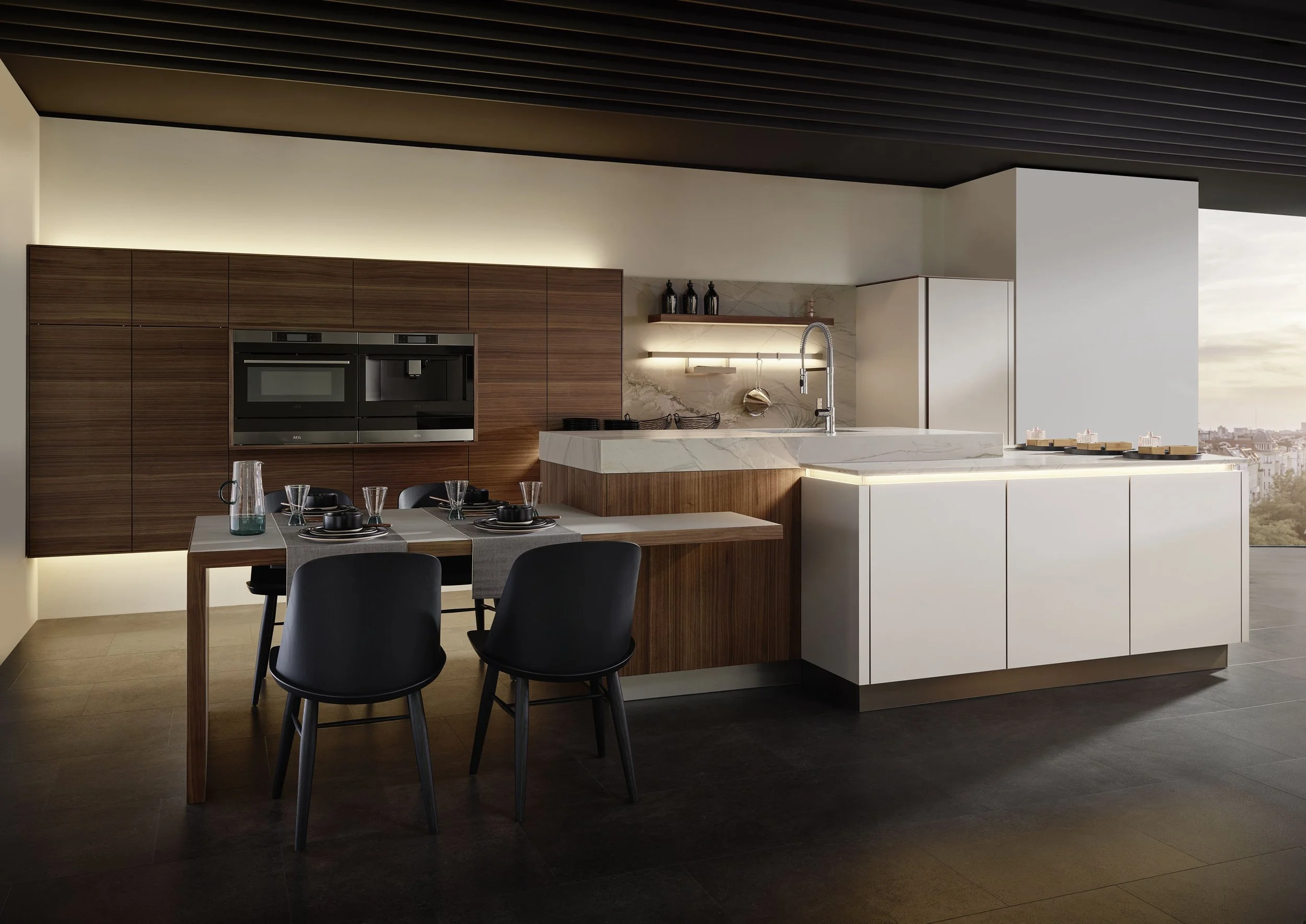 Leona / Fabiola by Sachsenküchen premium luxury bespoke German kitchens. Veneer oak wood kitchens. Linoleum LVT kitchens.