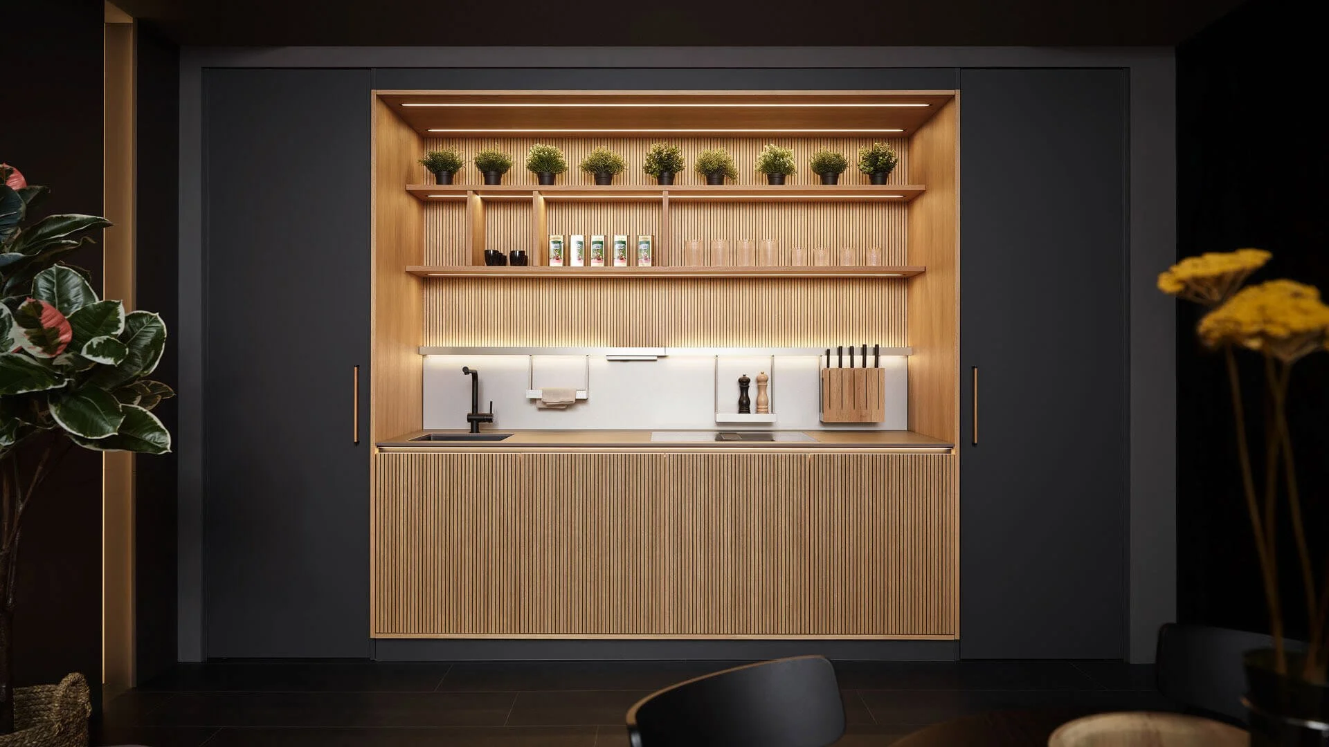 Patrizia / Samara by Sachsenküchen premium luxury bespoke German kitchens. Dark wood light woods veneer kitchens. Reeded kitchens