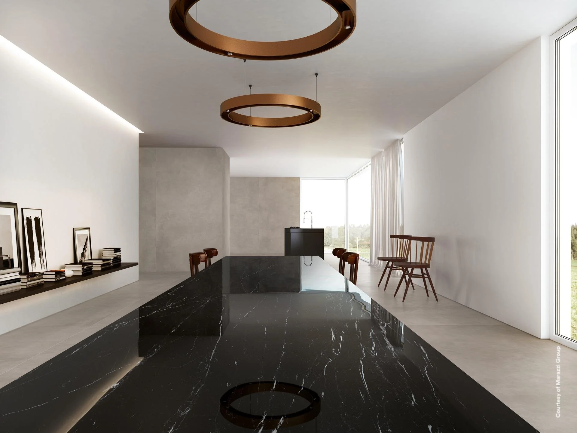 Modern dining room with black marble table, wooden chairs, white walls, large window, and two circular gold pendant lights hanging from the ceiling.