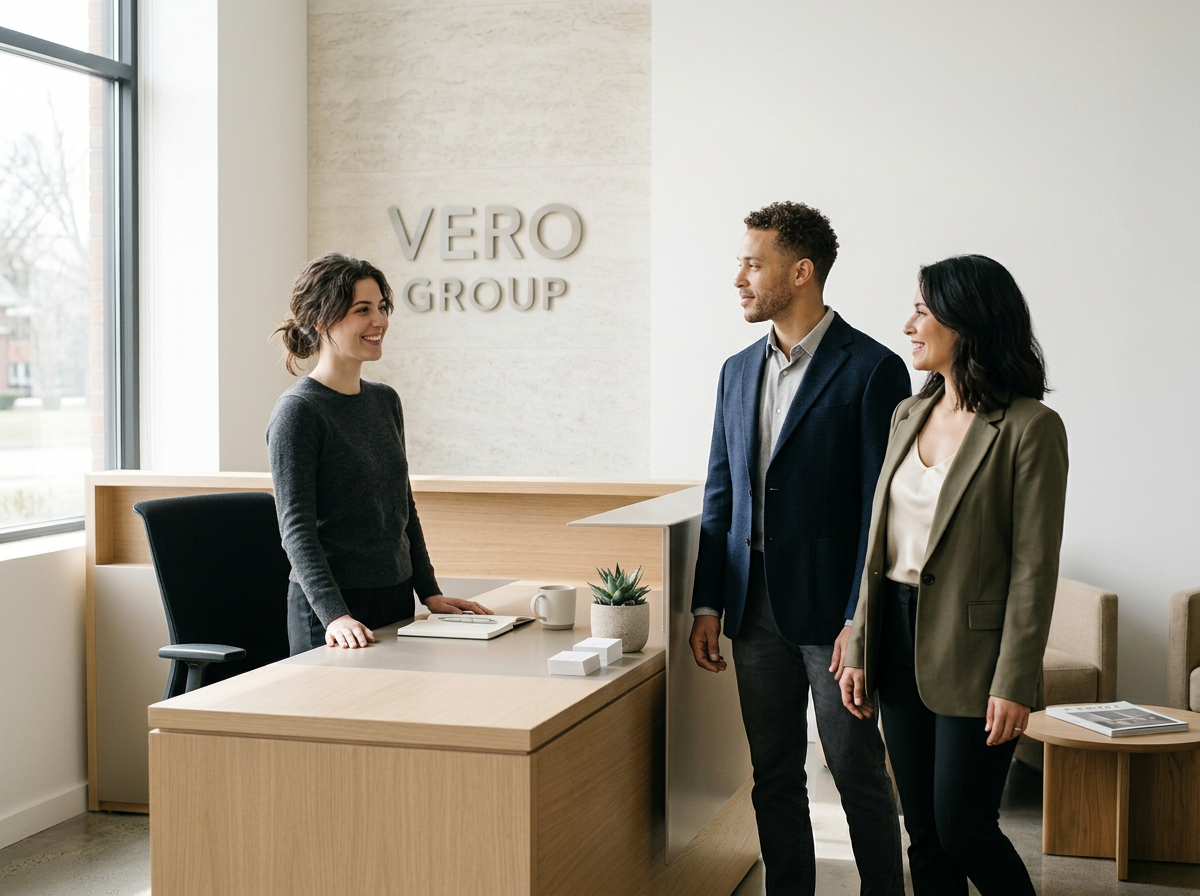 Three people in a modern office, two women and one man, standing and talking near a reception desk. The woman behind the desk is smiling, and the other woman and man are facing her. A sign reading 'VERO GROUP' is on the wall behind them.
