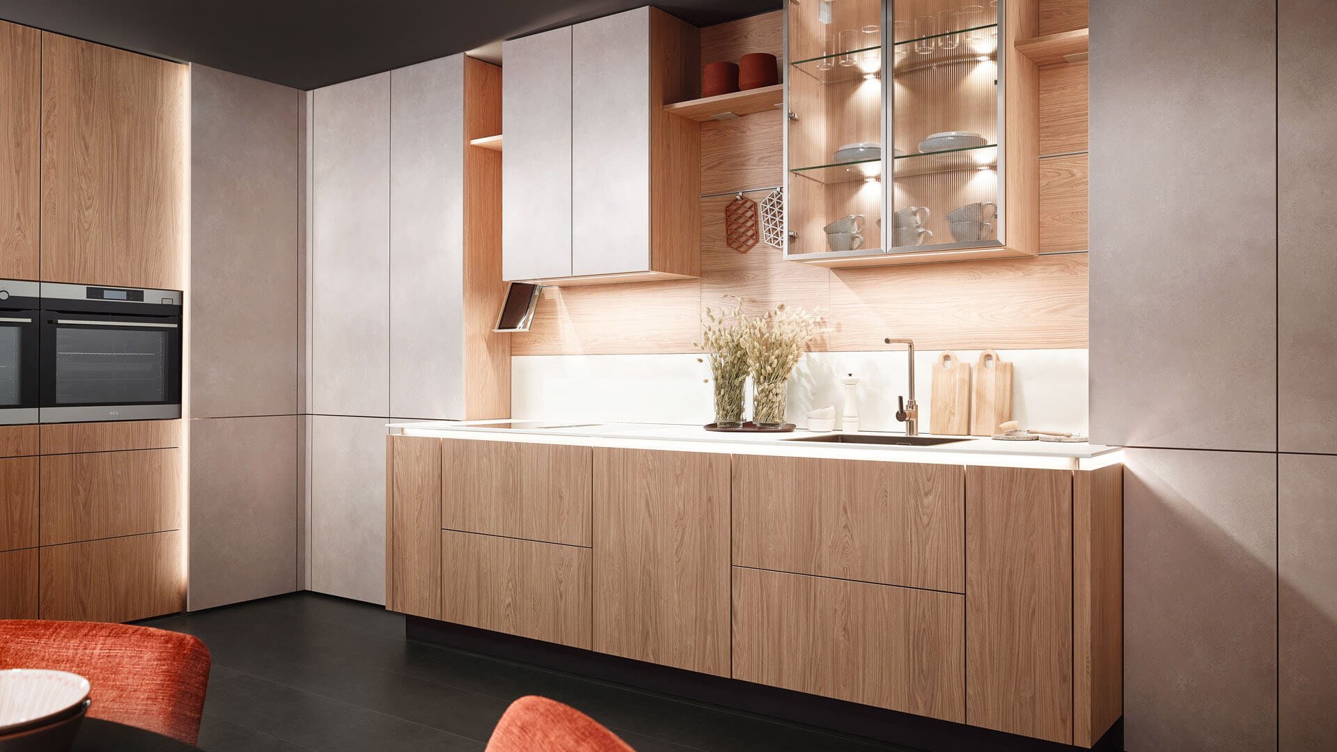 Stana / Lana by Sachsenküchen premium luxury bespoke German kitchens. Oak wood veneer kitchens.