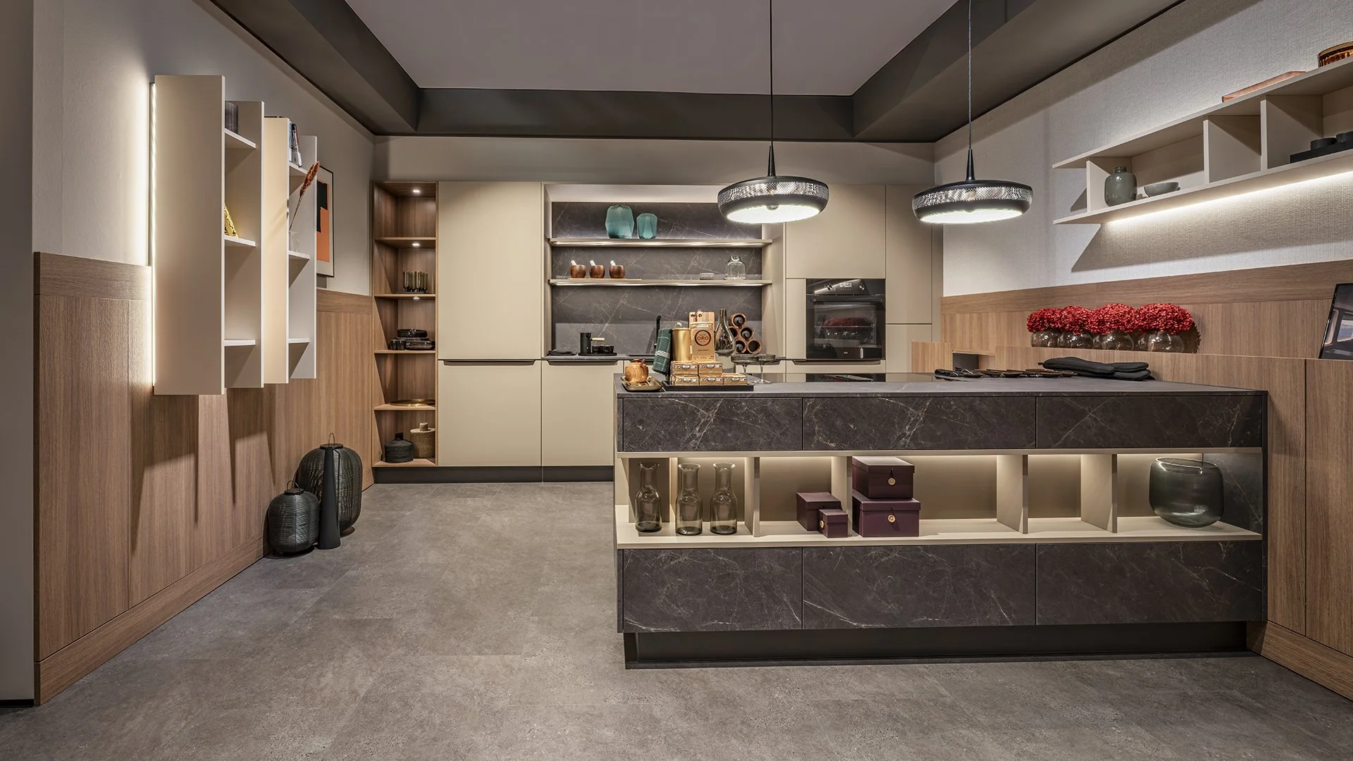 Fiora FENIX NTM / Stana / Edda by Sachsenküchen premium luxury bespoke German kitchens. Low profile handles. Island kitchens
