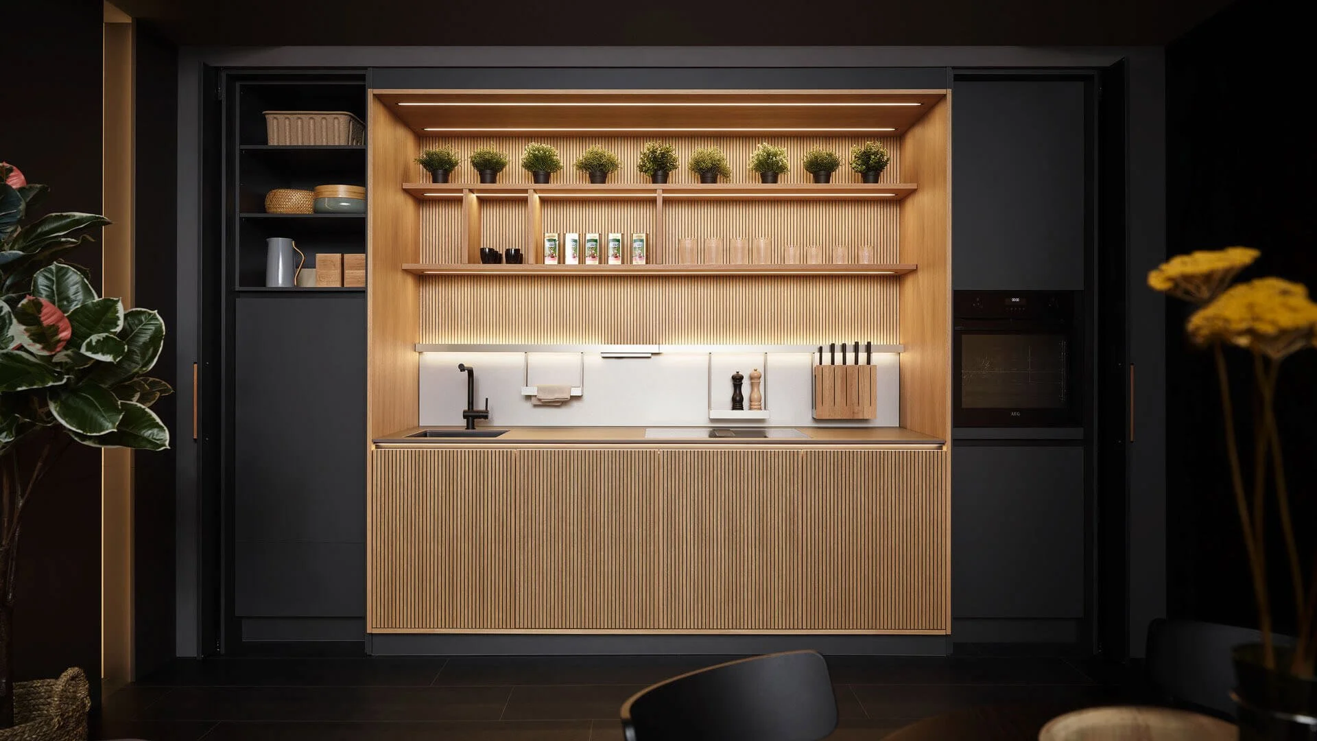 Patrizia / Samara by Sachsenküchen premium luxury bespoke German kitchens. Reeded wooden oak veneer kitchens. Sustainable kitchens