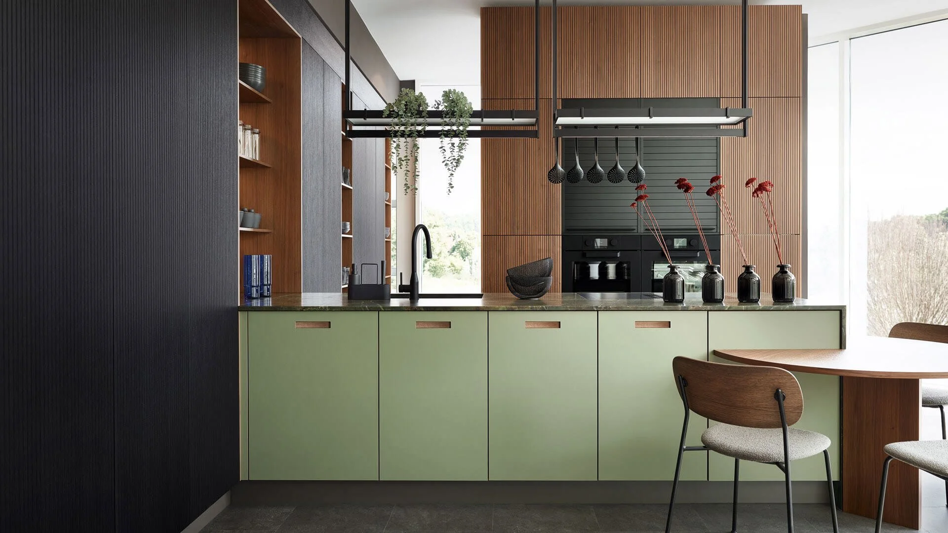 Leona Linoleum / Patrizia by Sachsenküchen premium luxury bespoke German kitchens. Green black and brown kitchens. Reeded kitchens. Recessed handles. Sustainable kitchens.