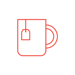 Simple red outline of a coffee mug with a tea bag hanging inside. Boiling water, Chilled water, Boiling chilled sparkling. Premium drinking water system. Healthy living.