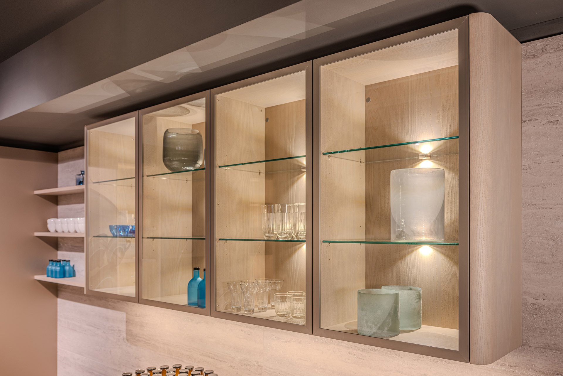 Glass wall units by Sachsenküchen premium luxury bespoke German kitchens. Sustainable kitchens