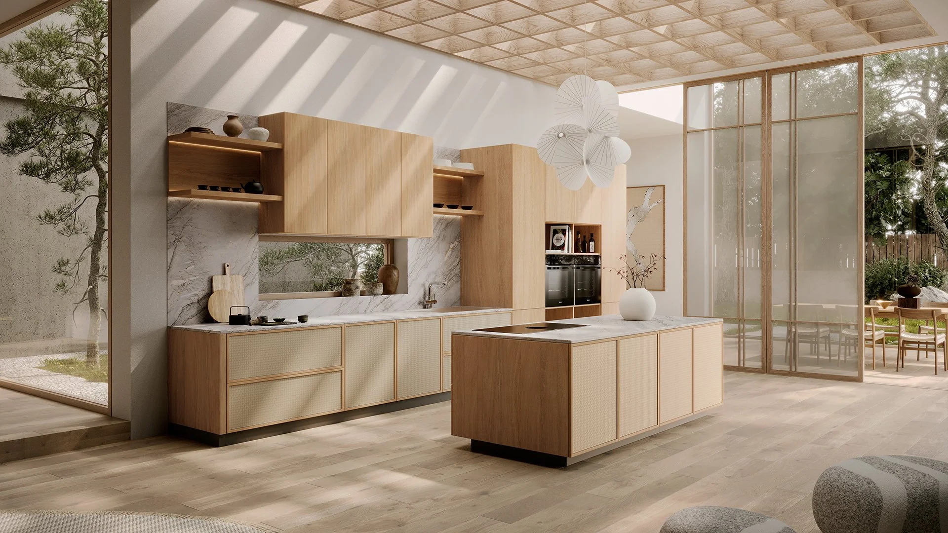 Modern kitchen with light wood cabinetry, marble backsplash, island with a sink, open shelves, and large glass doors opening to an outdoor patio with trees