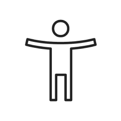 Minimalist line drawing of a person with arms outstretched and a circle above the head
