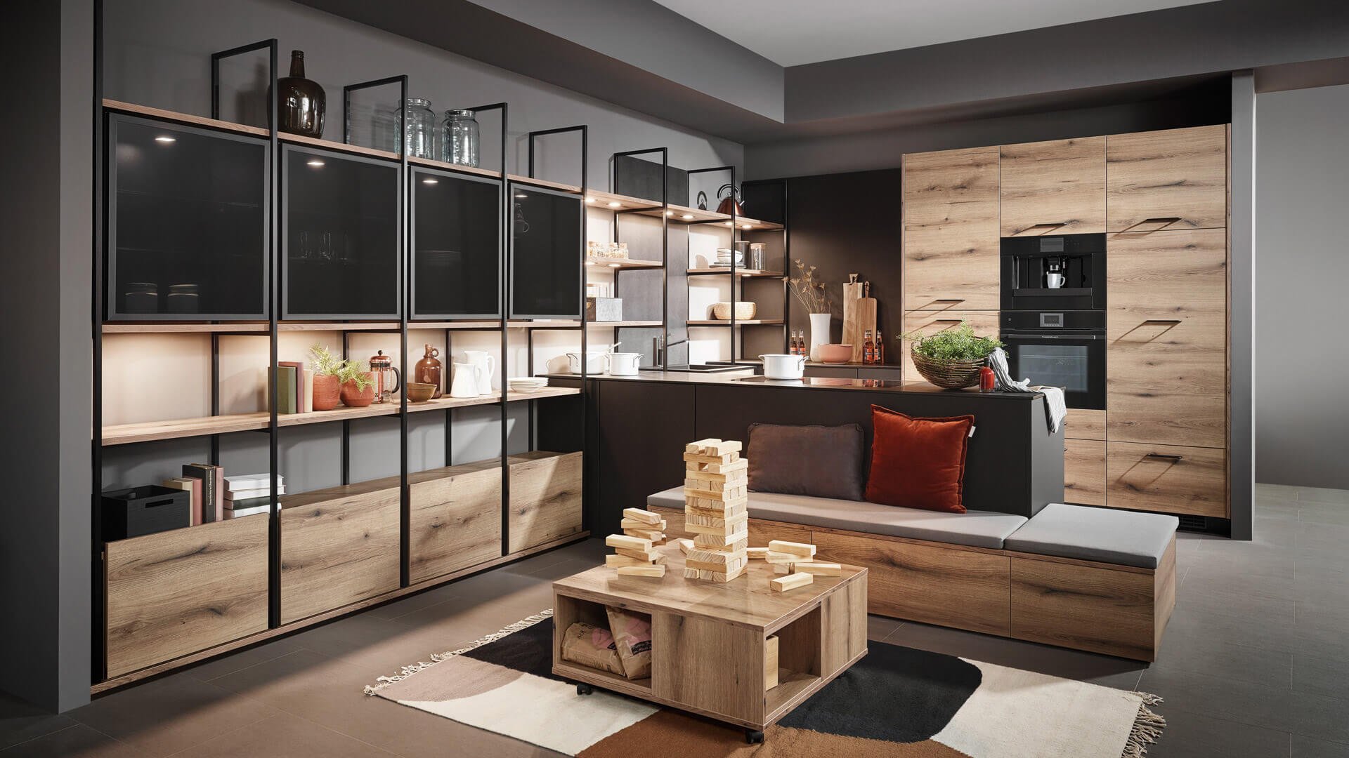 Lana / Fiora FENIX NTM by Sachsenküchen premium luxury bespoke German kitchens. Glass wall dark units