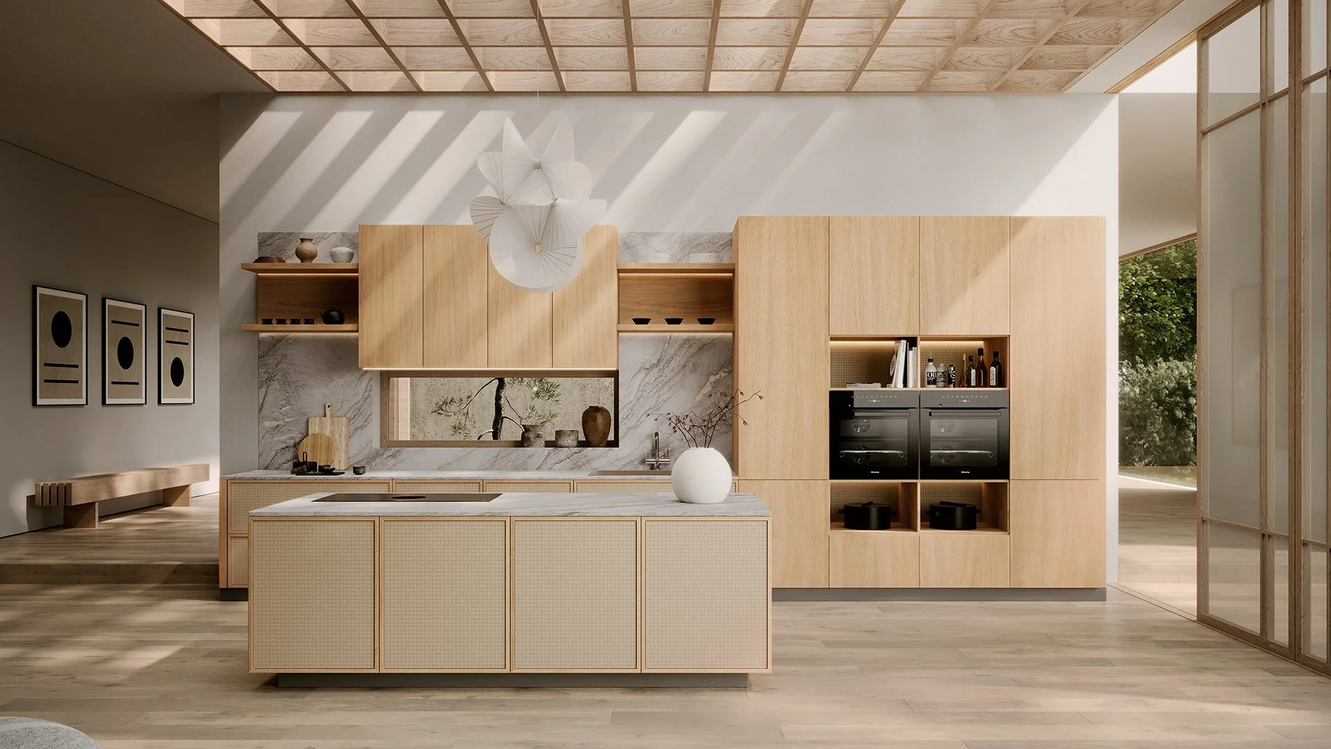 Leonora / Fabiola / Linoleum by Sachsenküchen premium luxury bespoke German kitchens. Light wood kitchens. Knotty structure kitchens. LVT kitchens