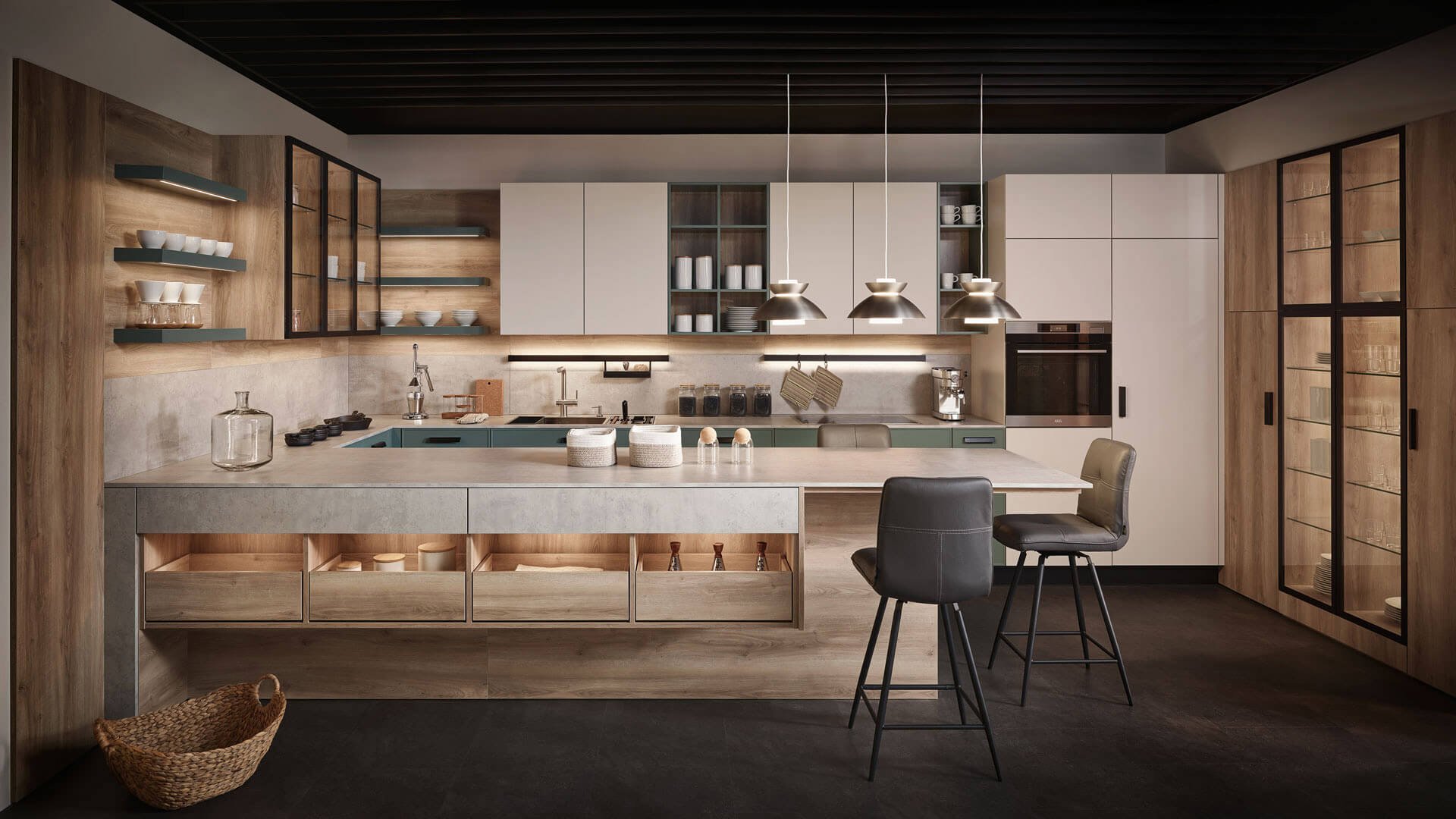 Raja / Edda / Lara by Sachsenküchen premium luxury bespoke German kitchens. Countryside kitchens. Island kitchen ideas. Light grey kitchens.