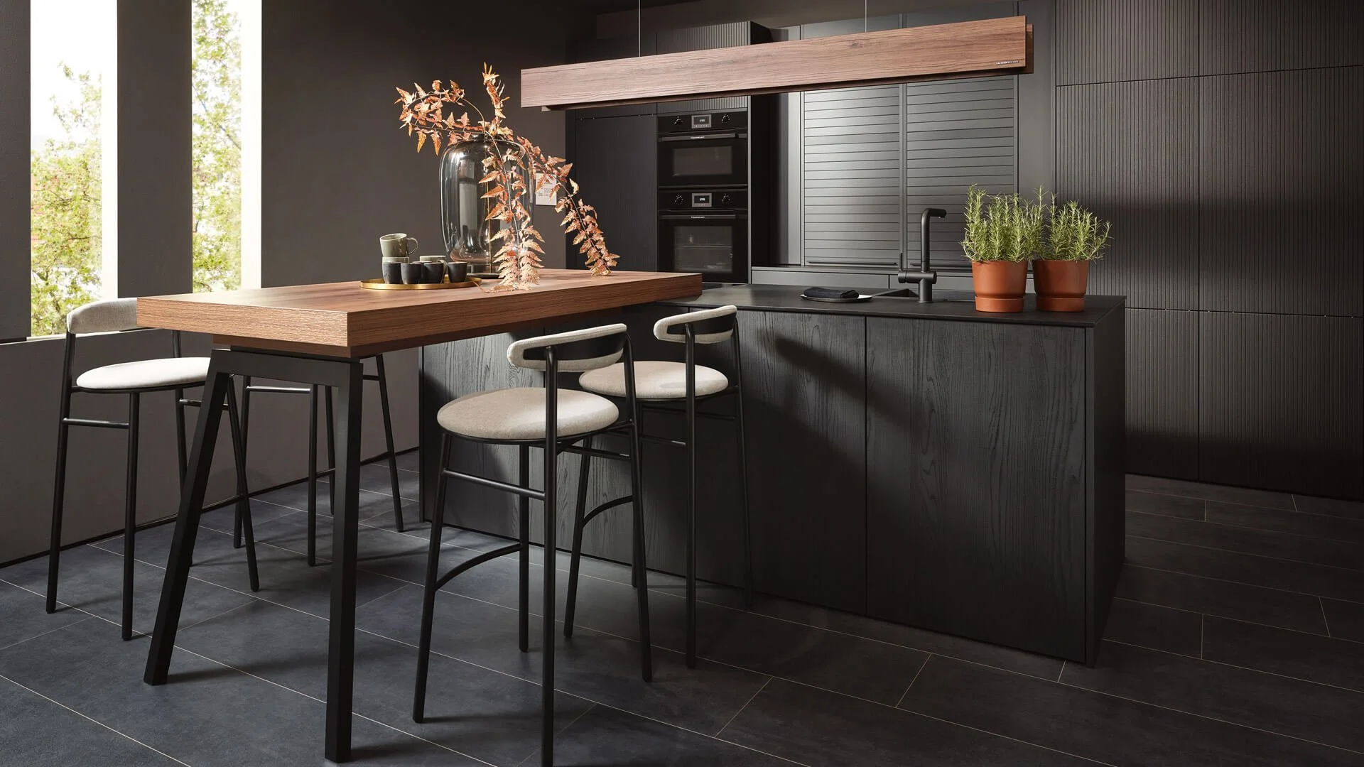 Patrizia / Lana / Adina by Sachsenküchen premium luxury bespoke German kitchens. Black kitchens. Oak wood veneer German kitchens.