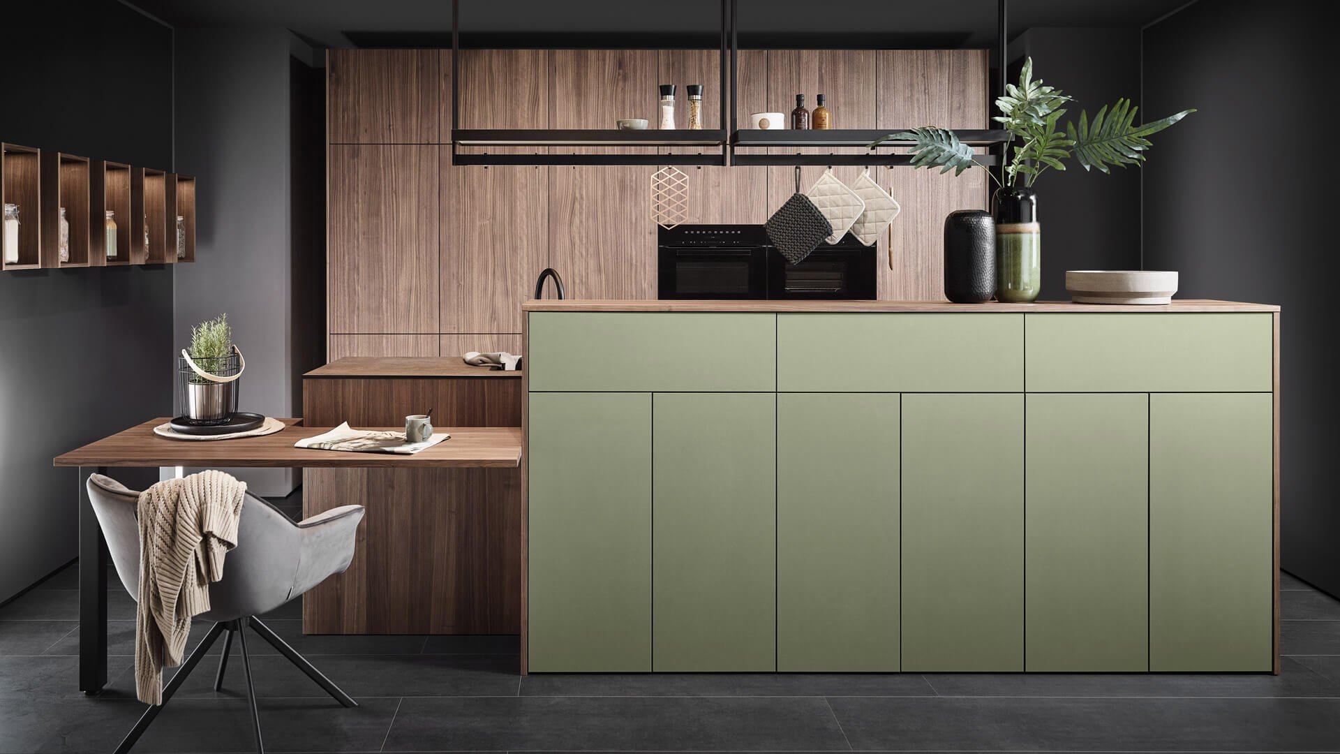 Leona / Fabiola by Sachsenküchen premium luxury bespoke German kitchens. Linoleum LVT kitchens. Green kitchens. Veneer oak wood German kitchens.