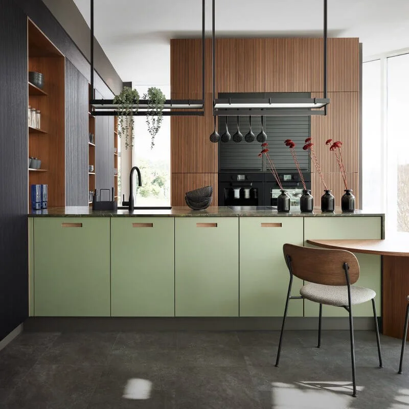 Leona Linoleum / Patrizia by Sachsenküchen premium luxury bespoke German Kitchens. Recessed handle. Sustainable kitchens. LVT Kitchens. Grass kitchen. Oak veneer wooden kitchen.