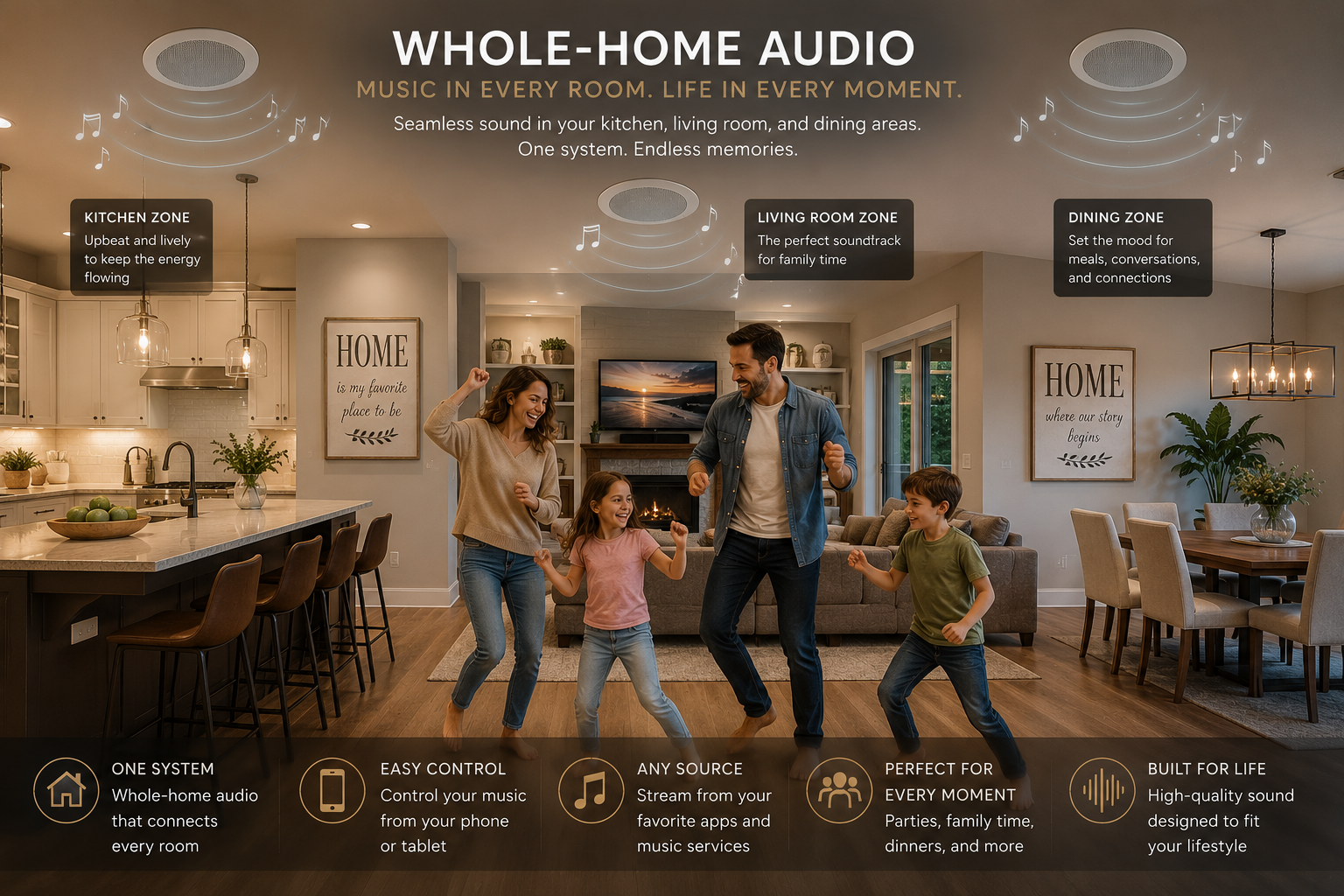 Living room with family dancing in front of fireplace, kitchen on left, dining area on right, promoting whole-home audio system.