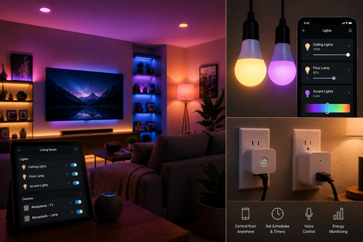 A living room illuminated with intelligent smart lights, featuring a large flat-screen TV, a smart home control tablet, smart bulbs in the background, and a wall-mounted smart device connected to power outlets.