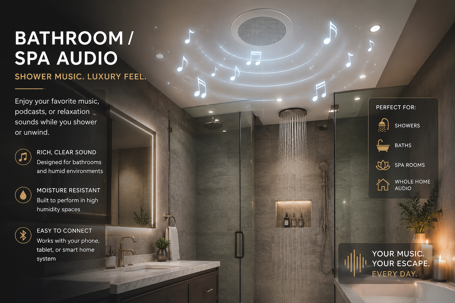 A modern bathroom with a rain showerhead, glass shower enclosure, illuminated mirror, and candles, featuring a ceiling with floating musical notes and star-like lights indicating shower music or relaxation sounds.