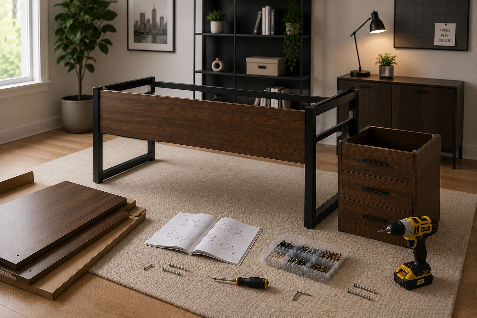 Room with furniture pieces, tools, screws, and instructions, indicating an assembly project in progress.