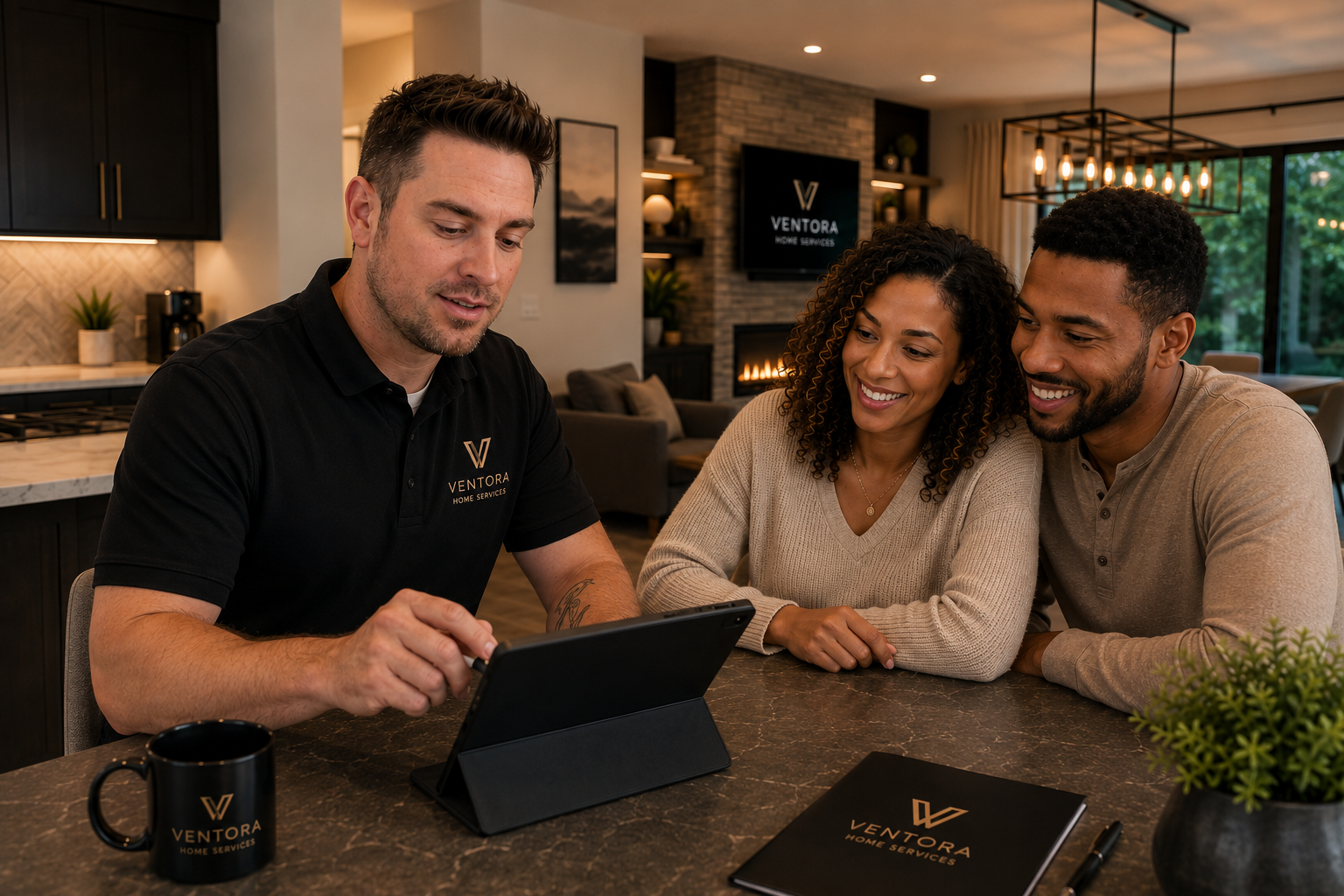 A man in a black Ventora Home Services shirt showing a tablet to a happy couple sitting at a kitchen counter.