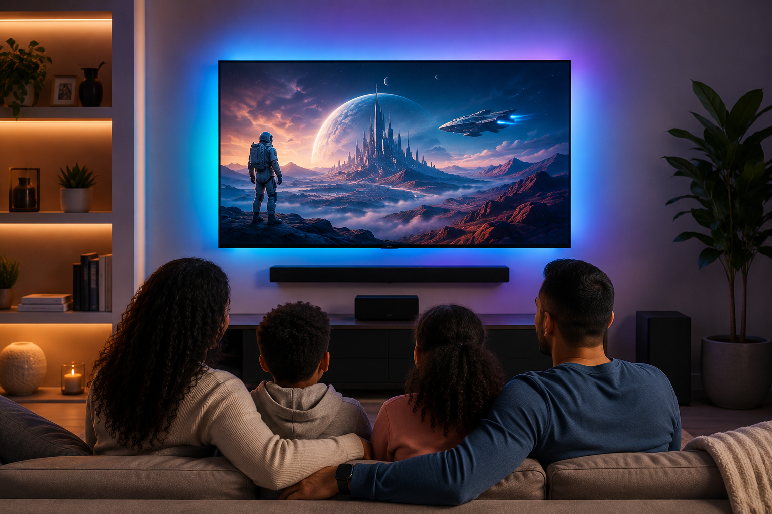 A family of four sitting on a couch in a living room watching a science fiction movie on a large flat-screen TV with backlighting. The TV displays an alien landscape with a person in a spacesuit, a spaceship, a distant city, and a planet in the sky.