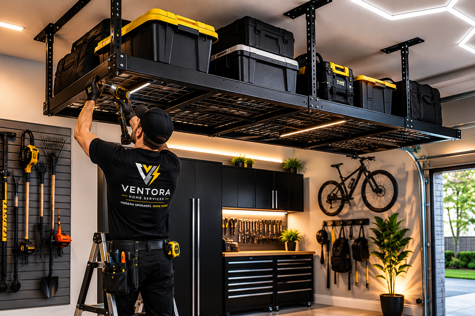 A man working on a tool shelf in a garage, with organized tools on walls and a bicycle hanging on the wall to the right.
