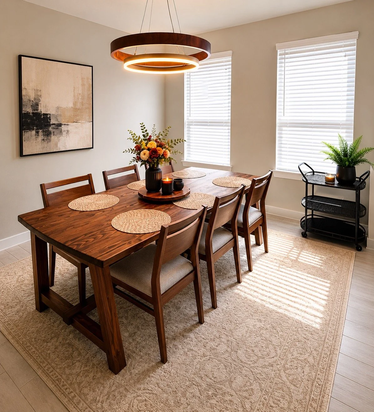 Dining room with a large wooden table, six wooden chairs, a black vase with a colorful flower arrangement, a modern chandelier, windows with blinds, a beige area rug, a black metal cart with a potted fern and candles, and a framed abstract artwork on