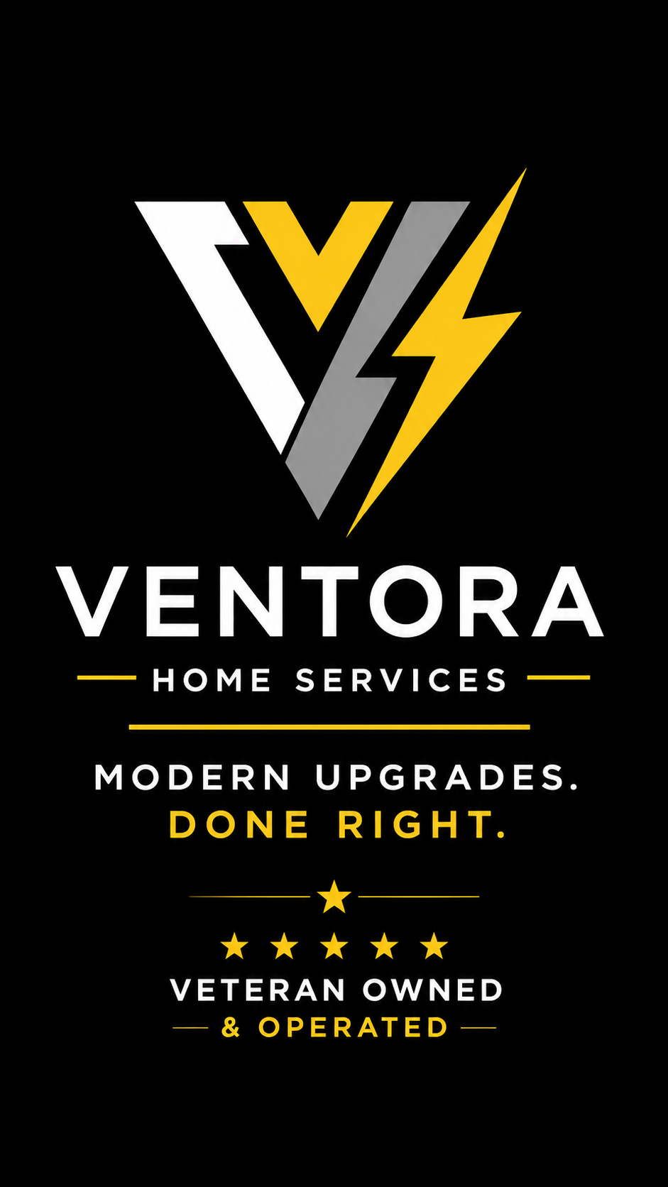 Logo for Ventora Home Services featuring a black background, a stylized V with lightning bolt elements, and text highlighting veteran ownership and modern upgrades.