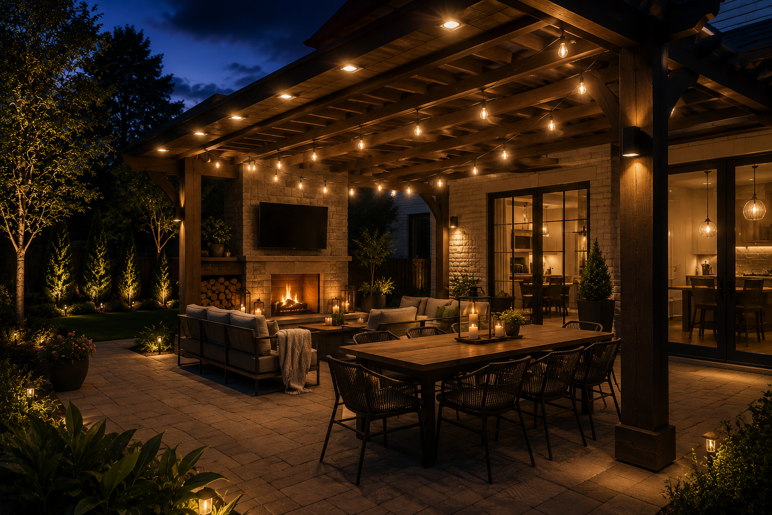 Outdoor patio with a fire-pit, string lights, and dining table at night. The patio is attached to a house with large glass doors, visible interior, and a fireplace.