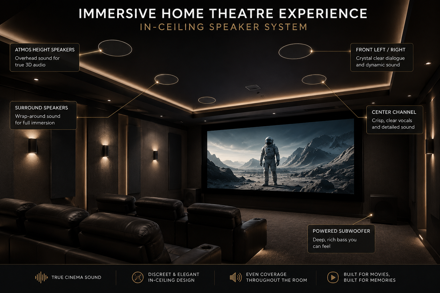 An interior home theater room featuring a large screen displaying an astronaut on a mountain landscape, with black leather seats, wall lights, and ceiling speakers labeled for surround sound, front sound, and subwoofer, highlighting an immersive audio experience.