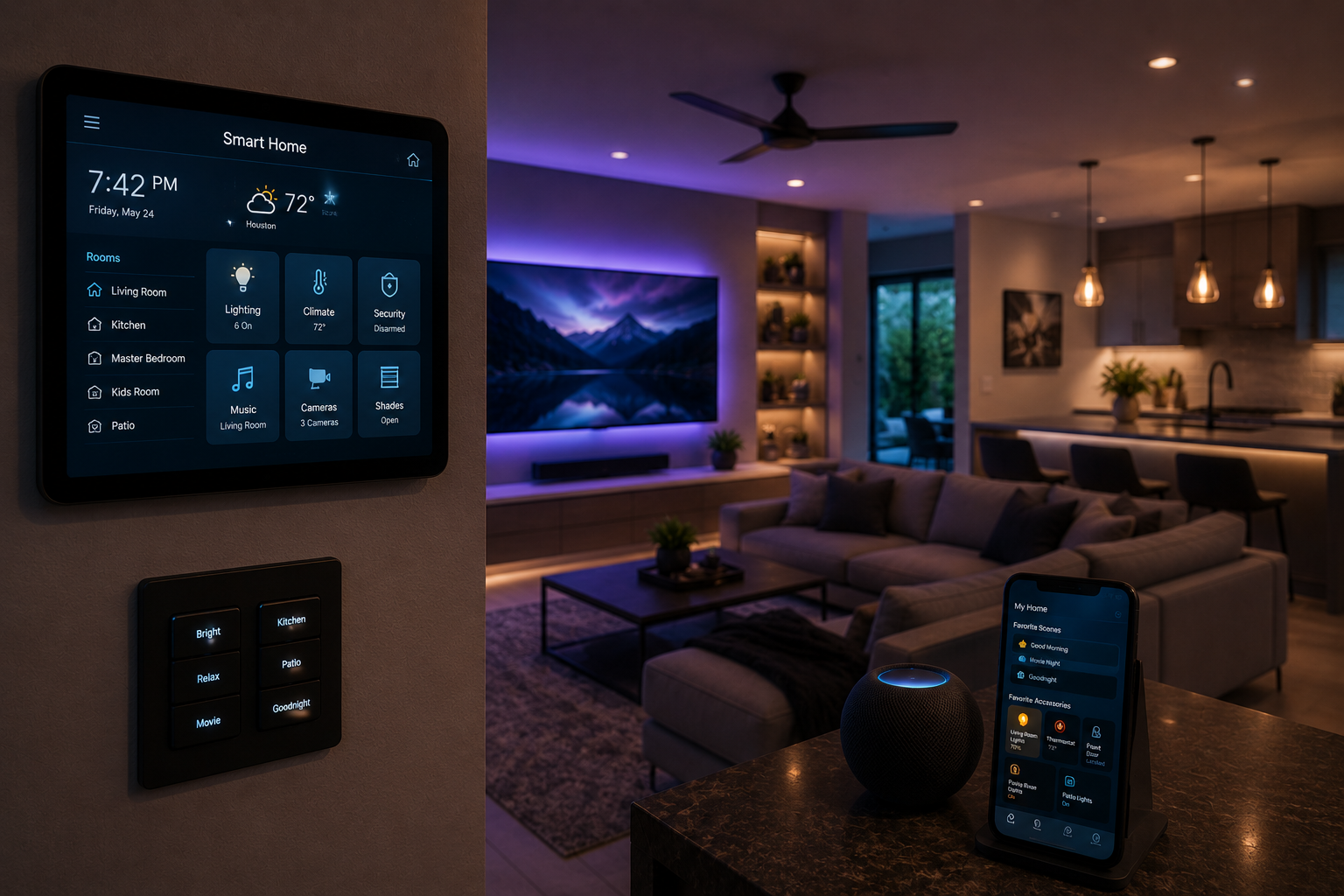 Living room with smart home control panels on the wall, a sectional sofa, coffee table, large TV with mountain scenery, modern kitchen with pendant lighting, and indoor plants.